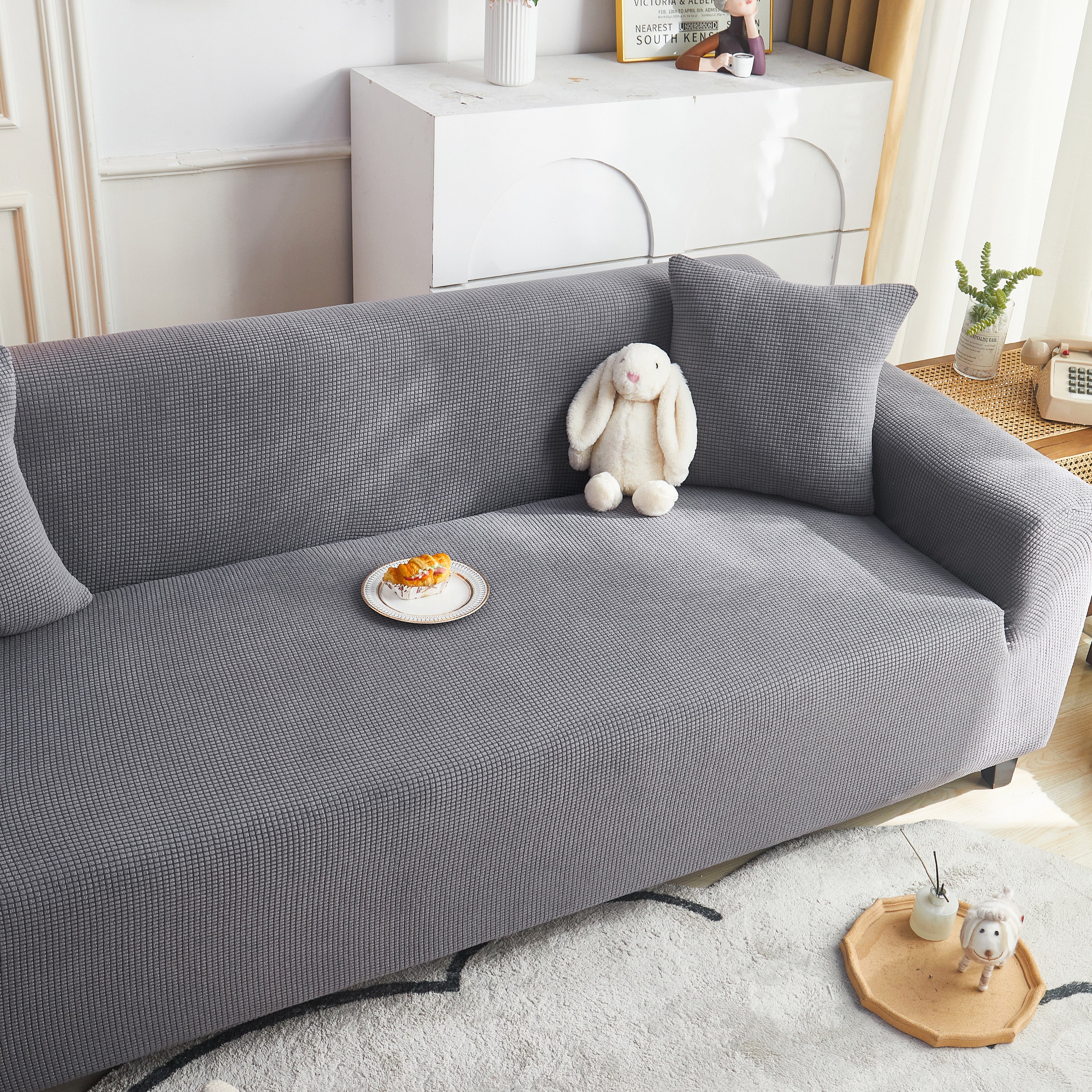 Grid Textured Stretch Sofa Cover, Soft Elastic Slipcover for Couch Protection