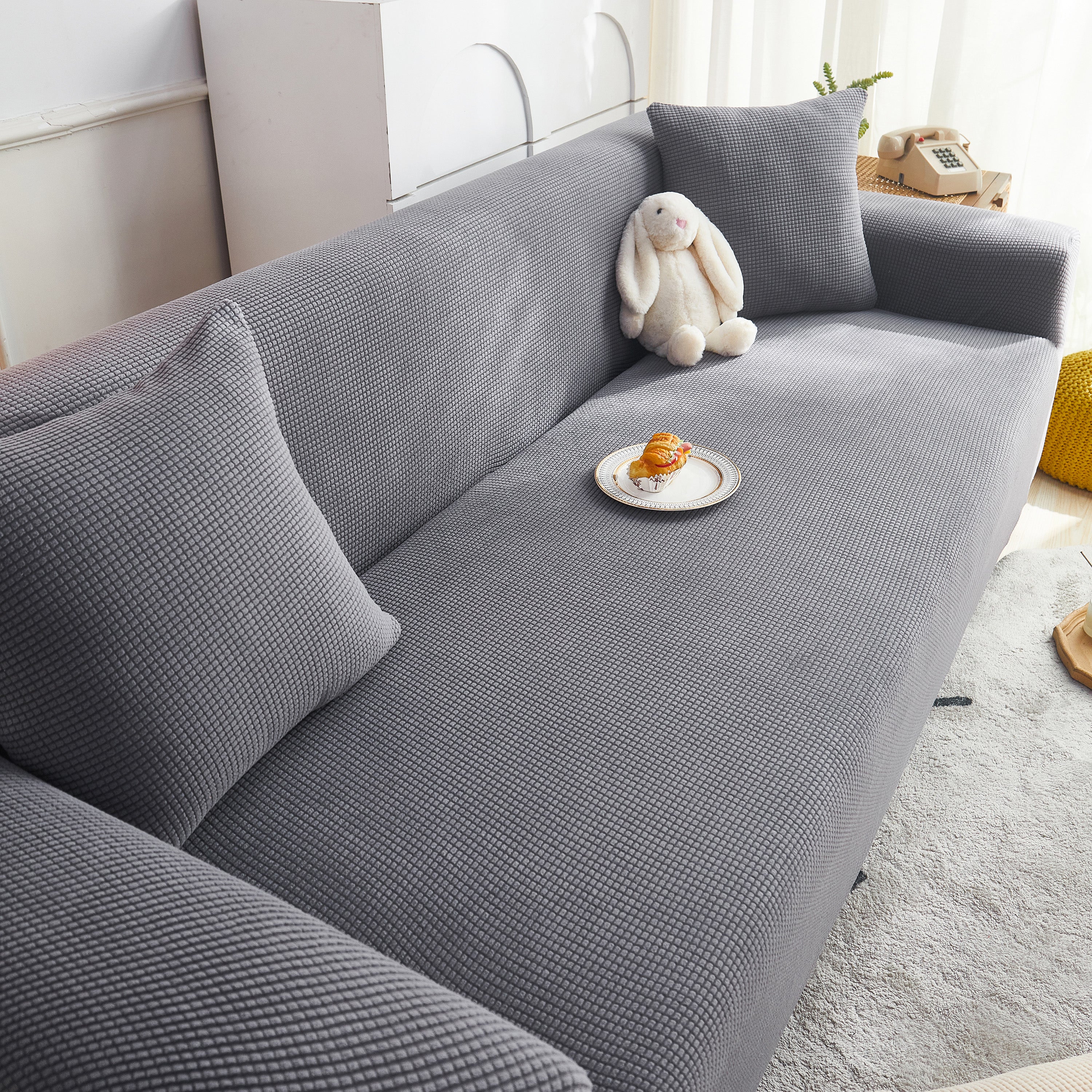 Grid Textured Stretch Sofa Cover, Soft Elastic Slipcover for Couch Protection