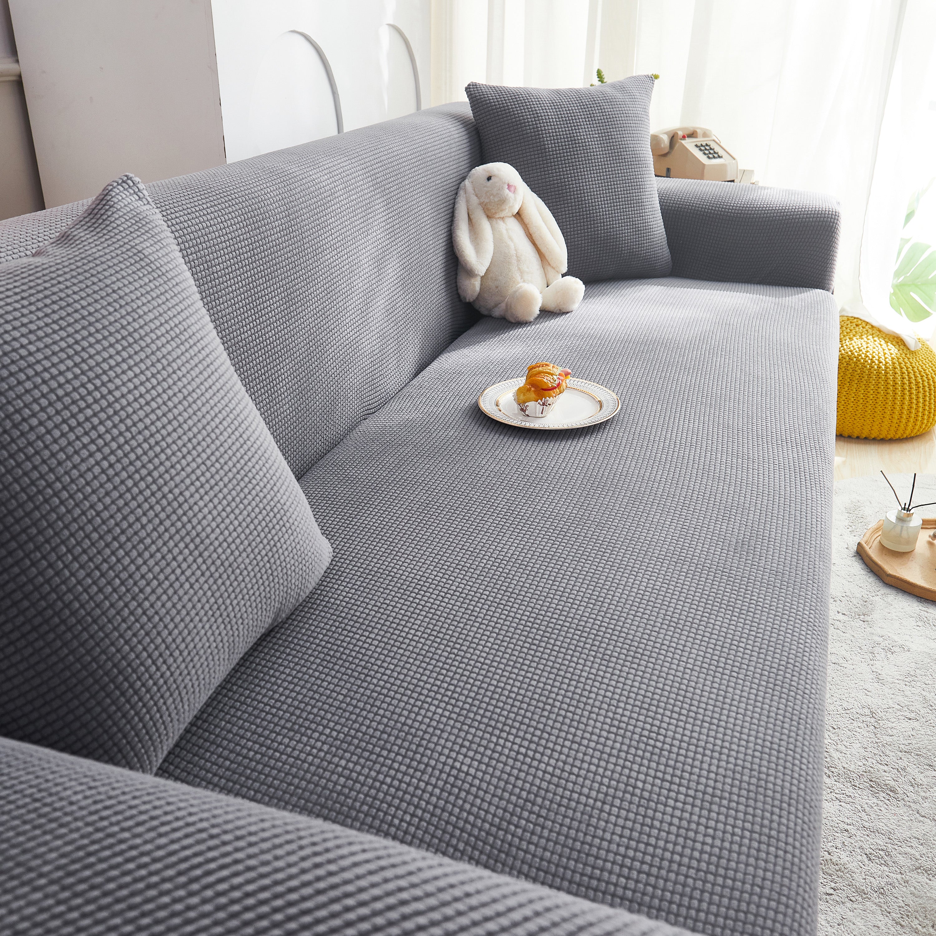 Grid Textured Stretch Sofa Cover, Soft Elastic Slipcover for Couch Protection