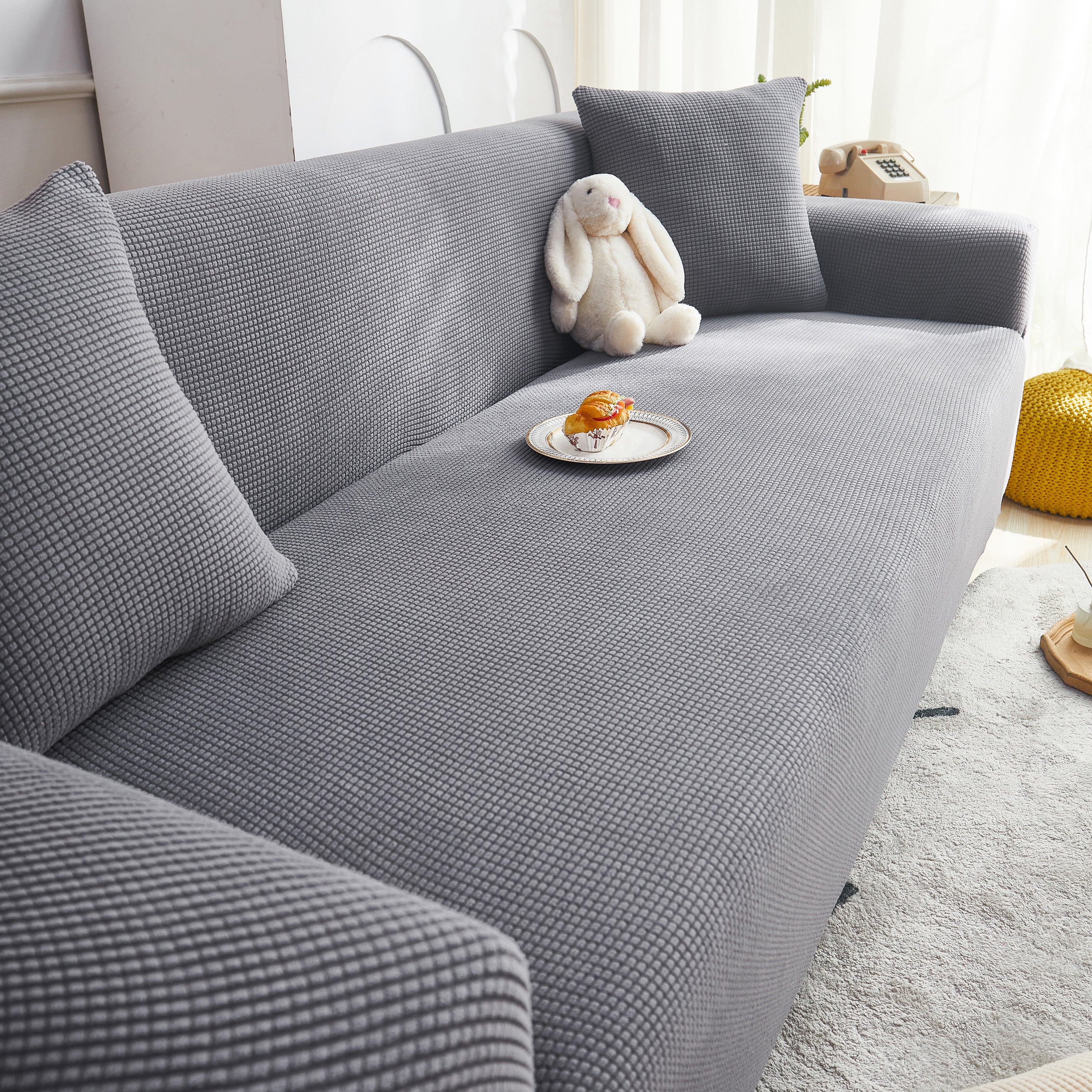 Grid Textured Stretch Sofa Cover, Soft Elastic Slipcover for Couch Protection