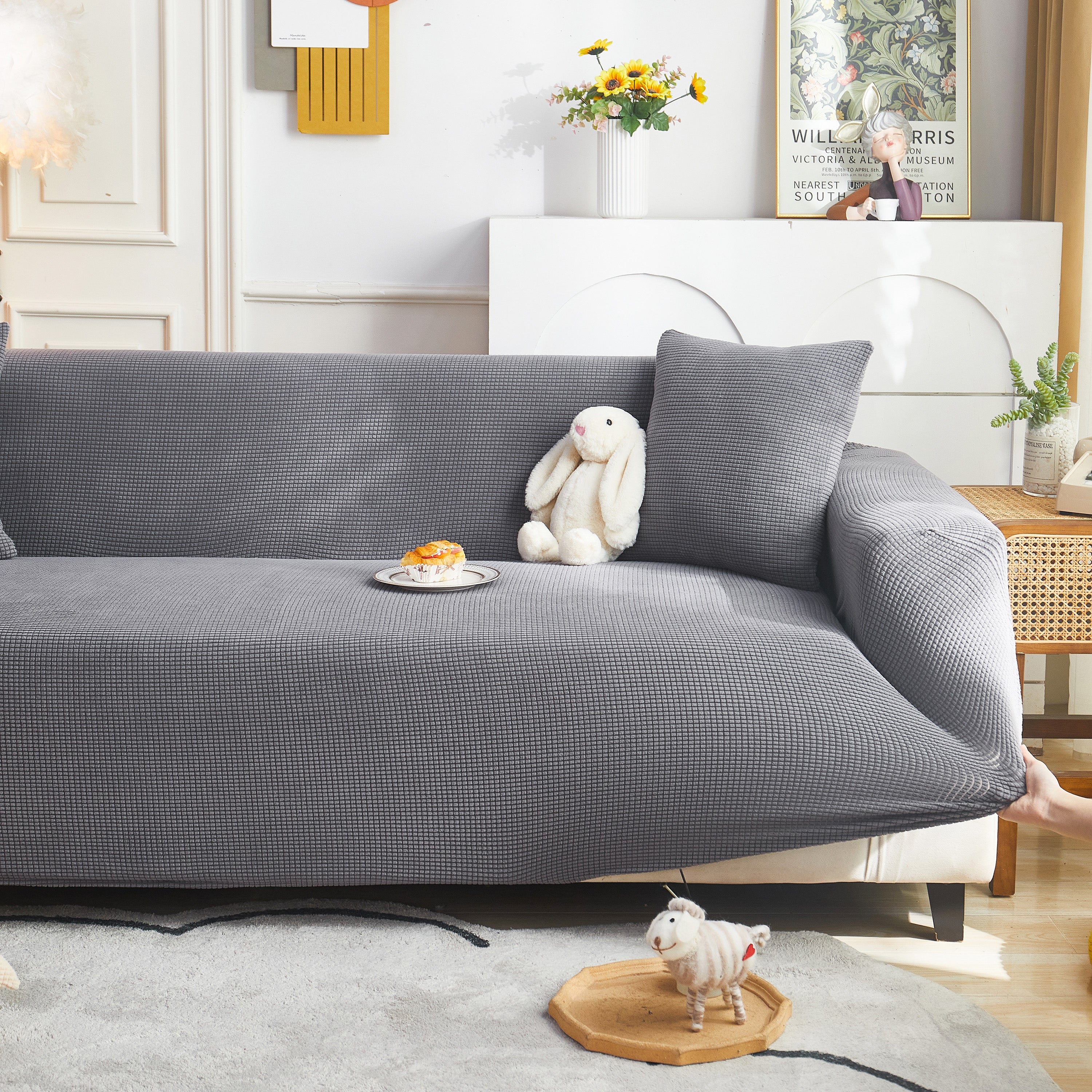 Grid Textured Stretch Sofa Cover, Soft Elastic Slipcover for Couch Protection