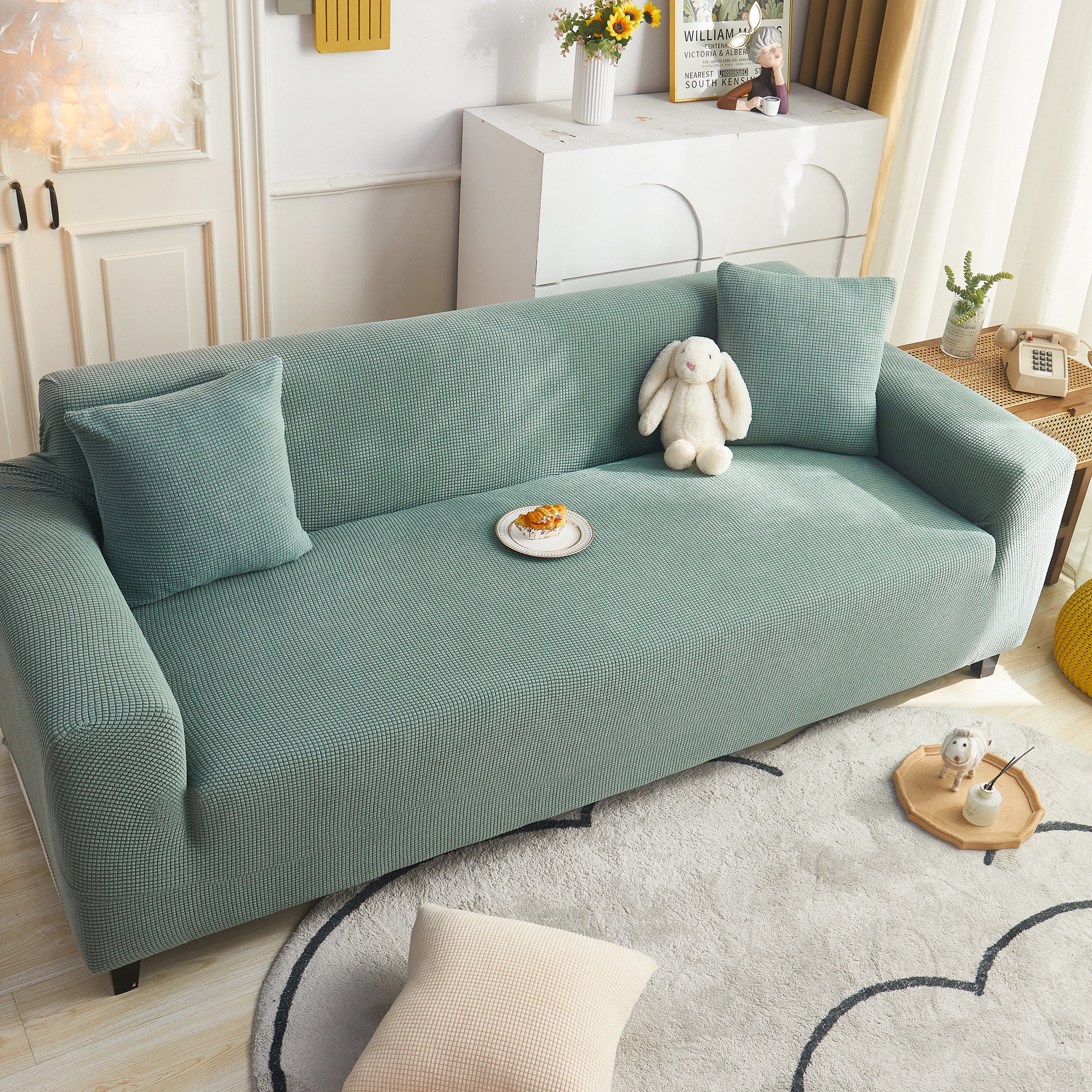 Grid Textured Stretch Sofa Cover, Soft Elastic Slipcover for Couch Protection