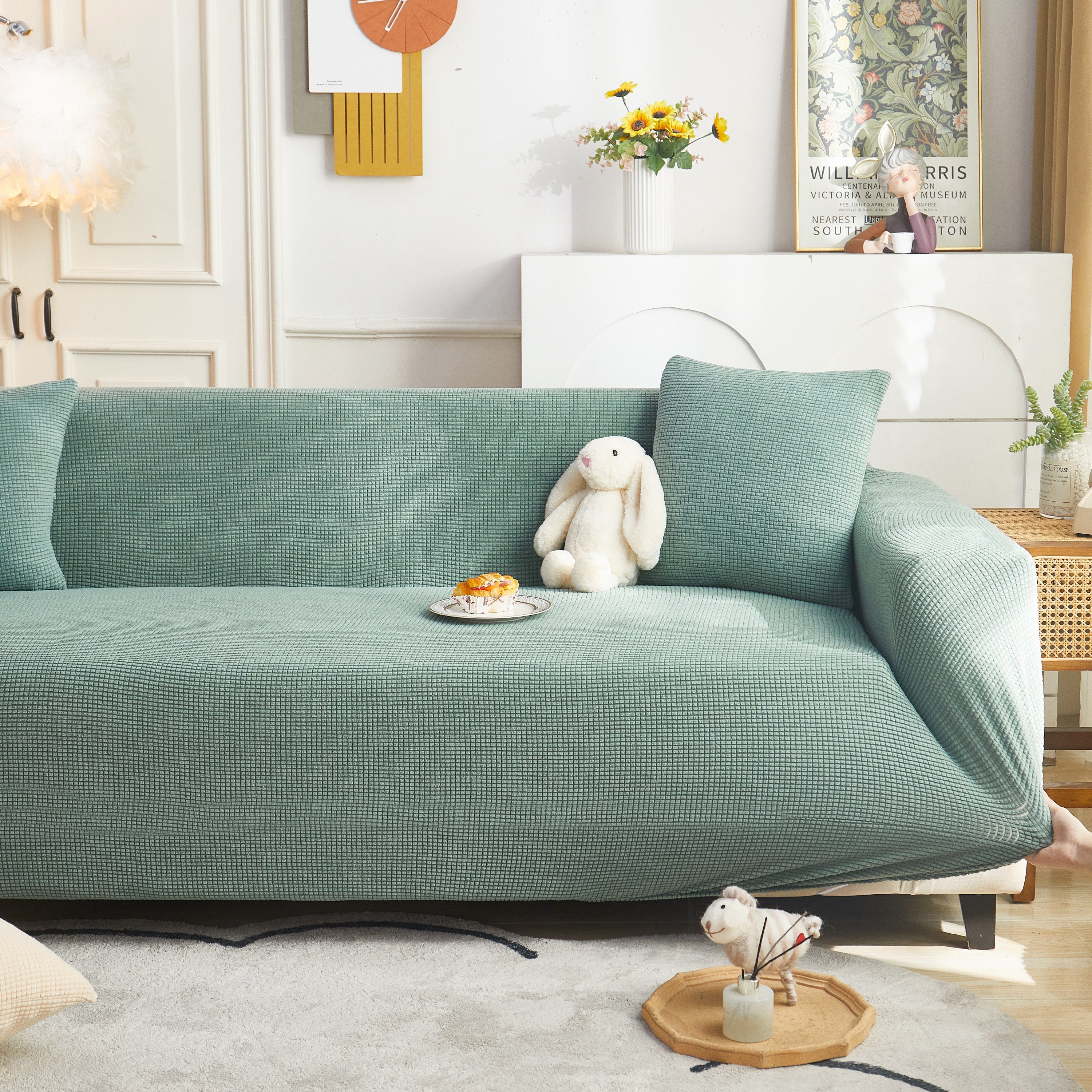 Grid Textured Stretch Sofa Cover, Soft Elastic Slipcover for Couch Protection