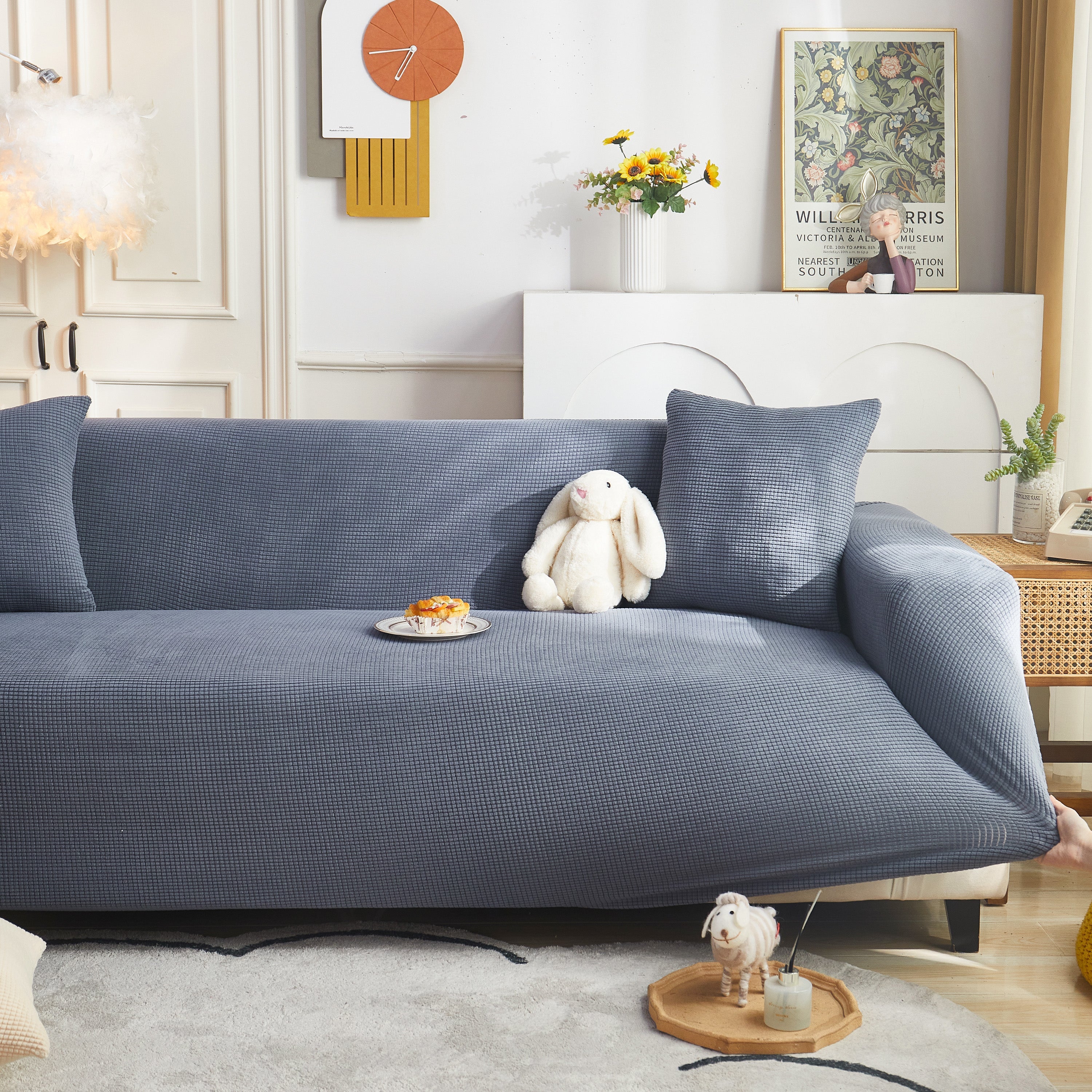 Grid Textured Stretch Sofa Cover, Soft Elastic Slipcover for Couch Protection