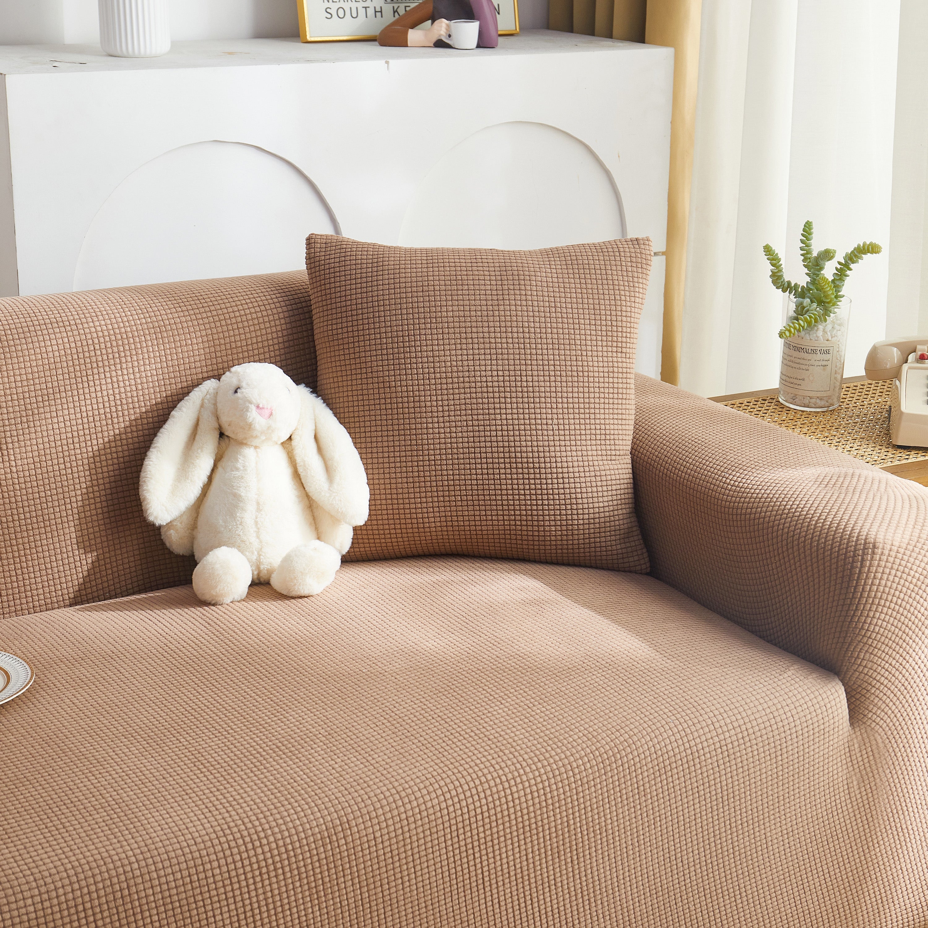 Grid Textured Stretch Sofa Cover, Soft Elastic Slipcover for Couch Protection