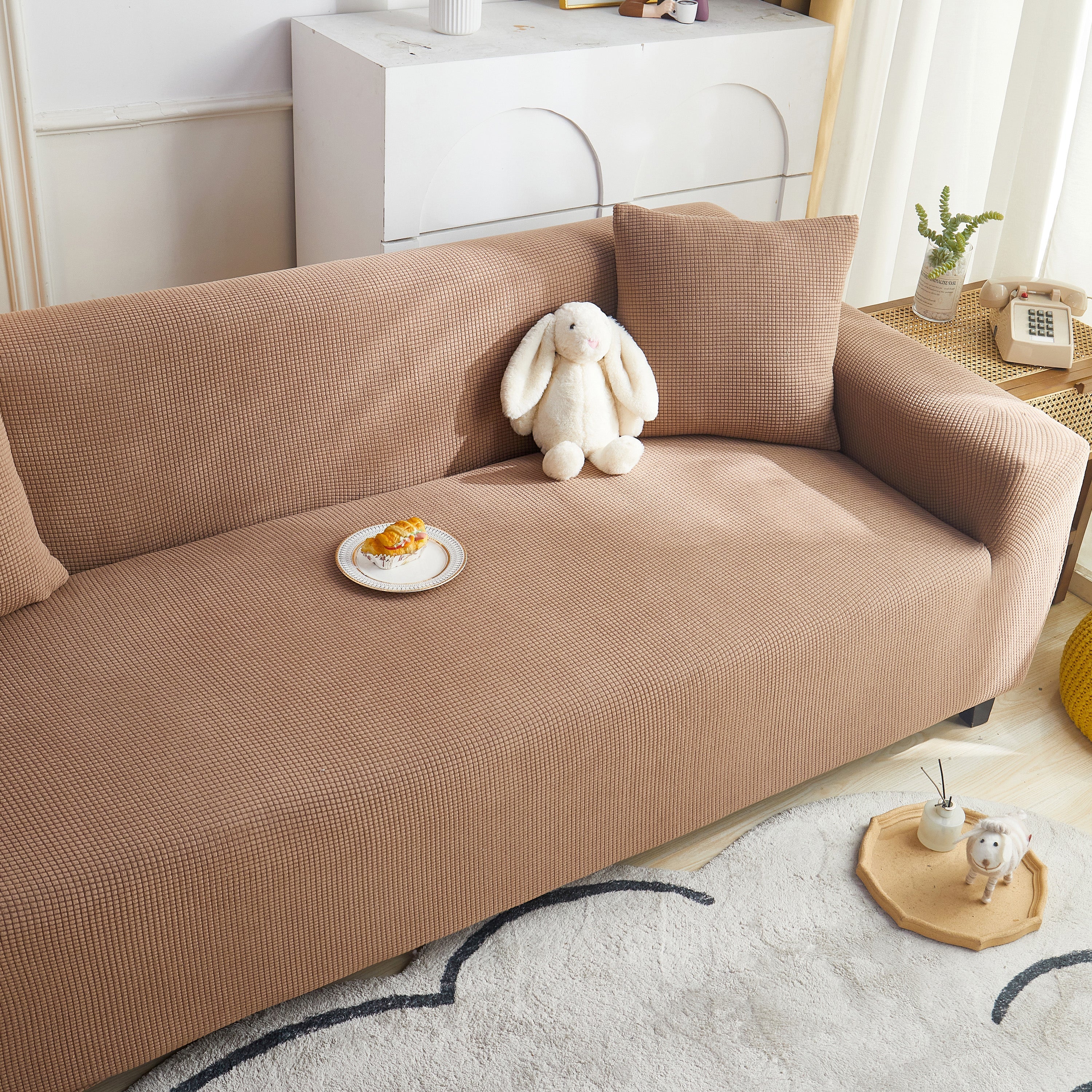 Grid Textured Stretch Sofa Cover, Soft Elastic Slipcover for Couch Protection