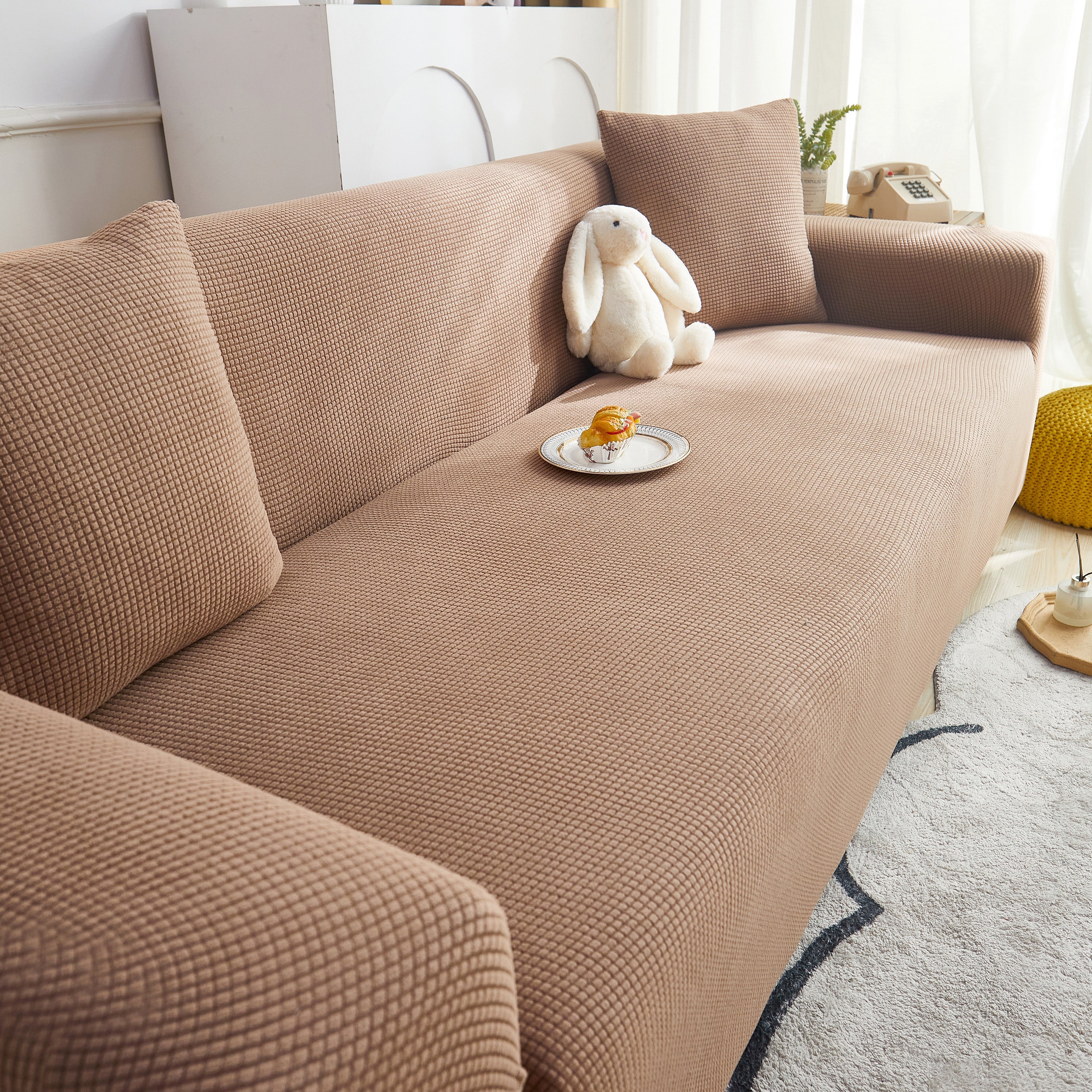 Grid Textured Stretch Sofa Cover, Soft Elastic Slipcover for Couch Protection