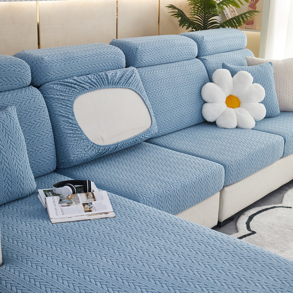 Stretchable Jacquard Polar Fleece Sofa Cover Non-Slip Furniture Protector for Pets L-Shaped Couch Slipcovers