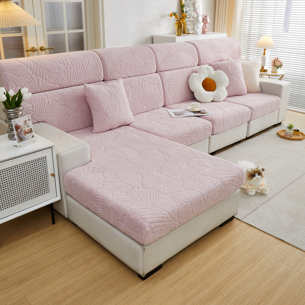 Cozy Plush Coral Fleece Sofa Cushion Slipcovers, Stretch Leaves Cushion Covers, Furniture Slipcovers