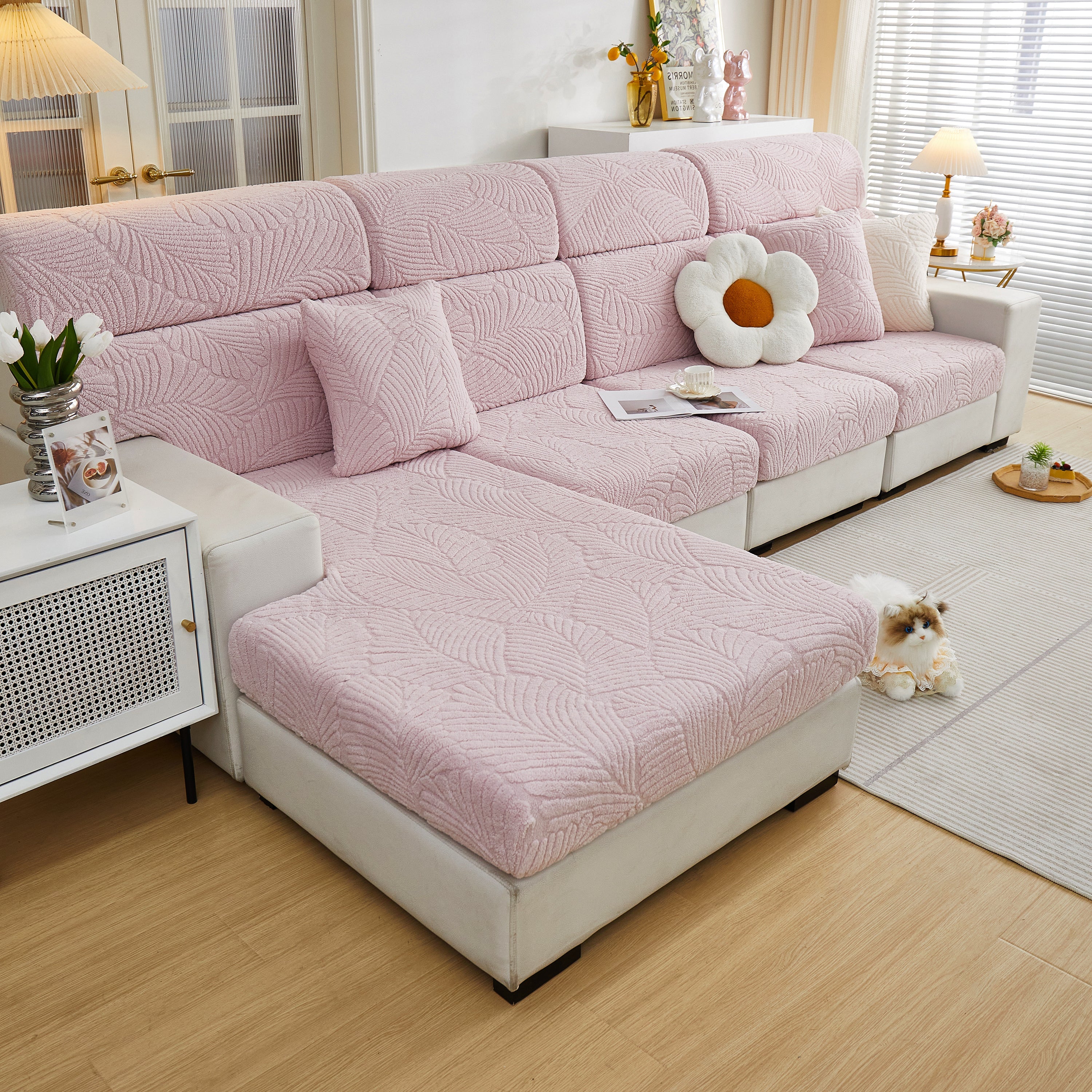 Cozy Plush Coral Fleece Sofa Cushion Slipcovers, Stretch Leaves Cushion Covers, Furniture Slipcovers