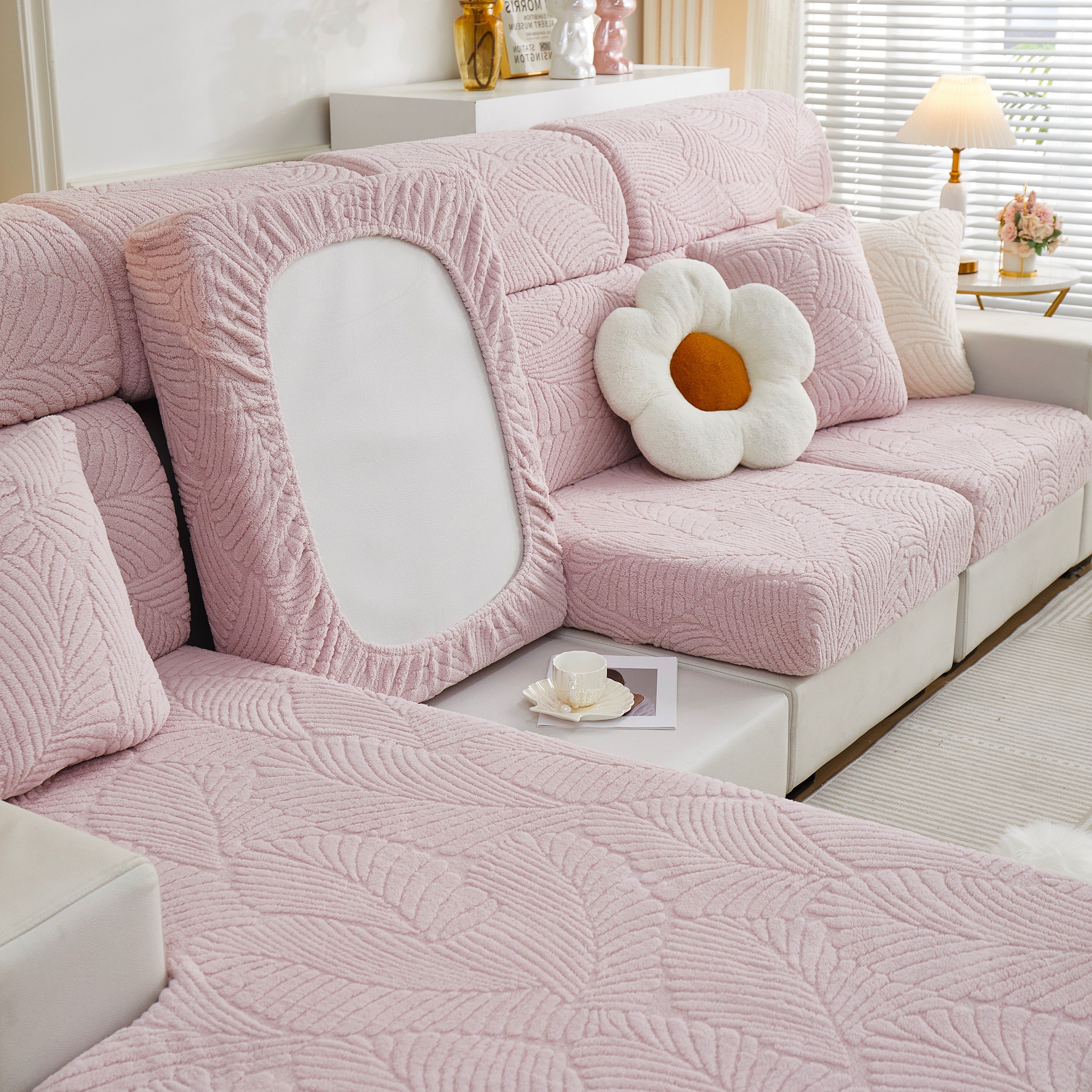 Cozy Plush Coral Fleece Sofa Cushion Slipcovers, Stretch Leaves Cushion Covers, Furniture Slipcovers