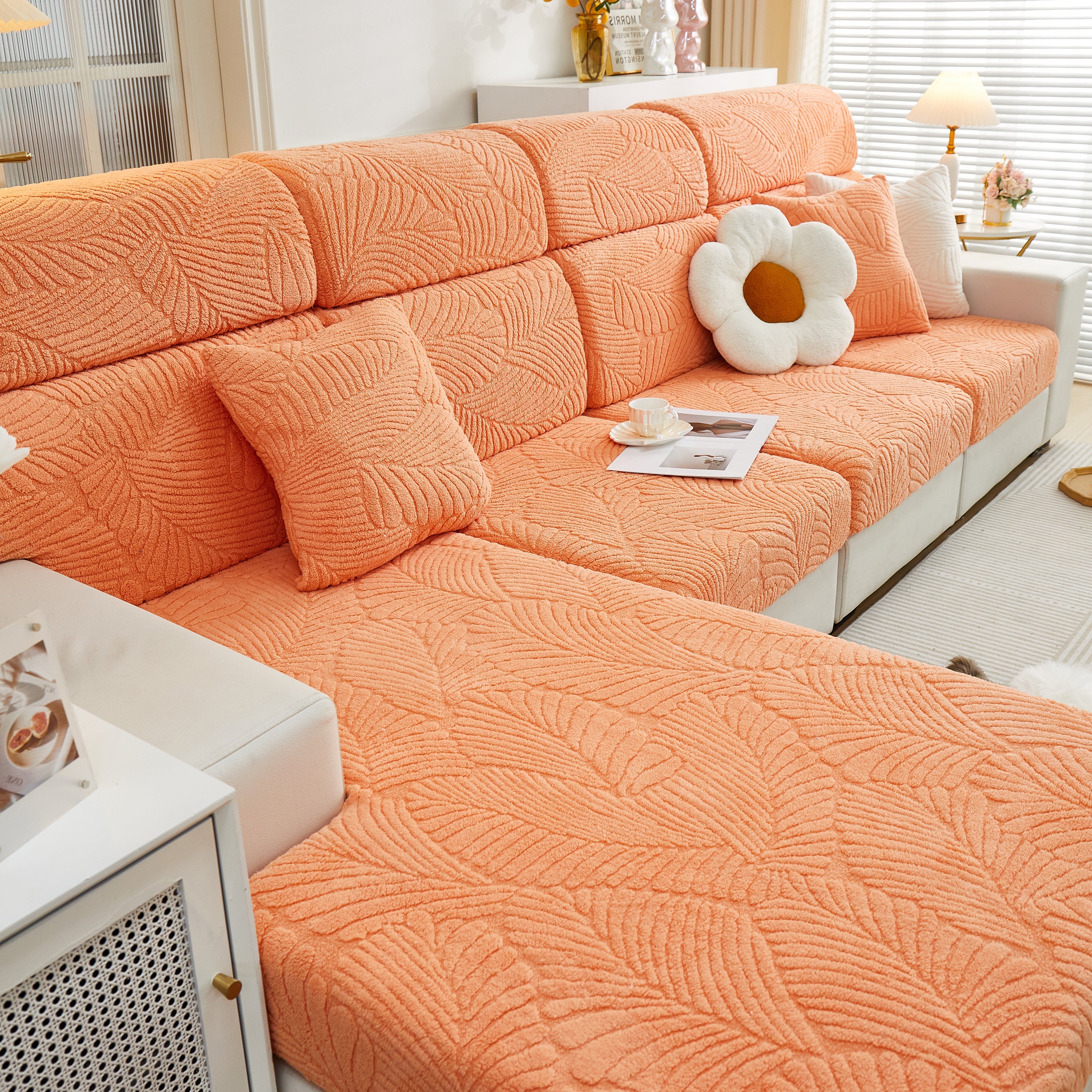 Cozy Plush Coral Fleece Sofa Cushion Slipcovers, Stretch Leaves Cushion Covers, Furniture Slipcovers