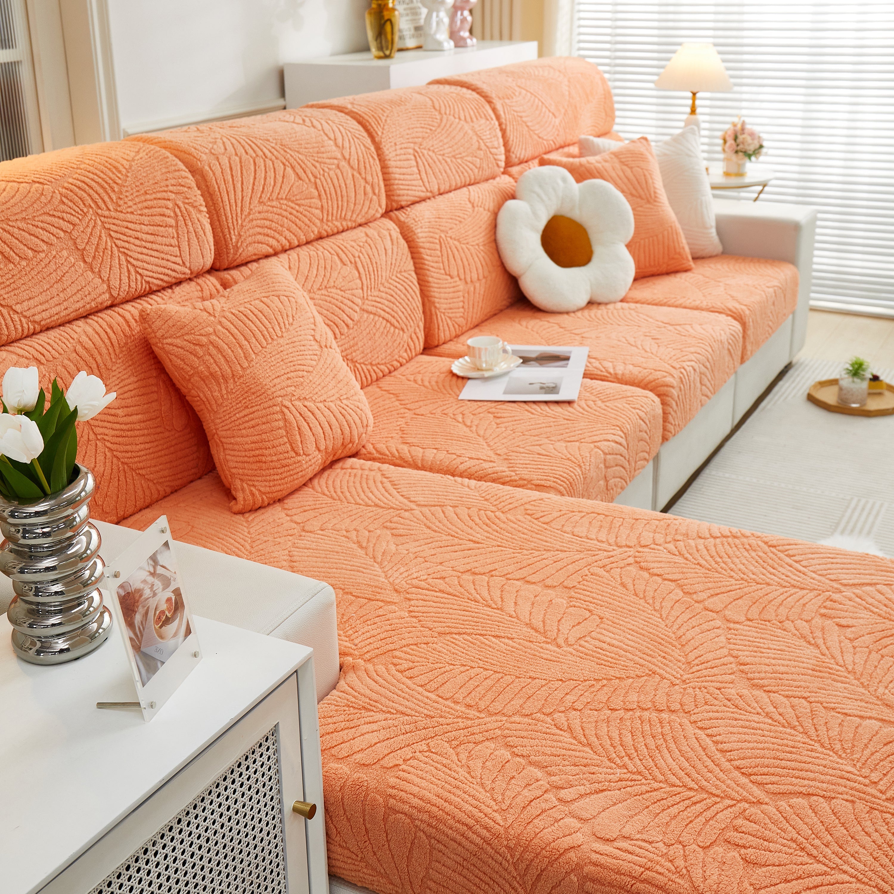 Cozy Plush Coral Fleece Sofa Cushion Slipcovers, Stretch Leaves Cushion Covers, Furniture Slipcovers