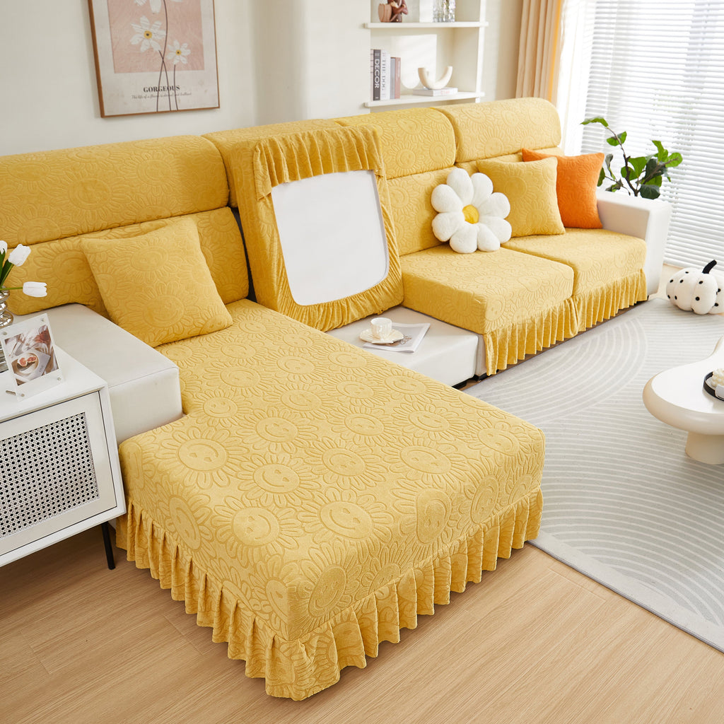 Sofa Seat Cover, Sunflower Patterned Elastic Skirted Couch Cushion Covers for 1/2/3/4-Seater Sofas