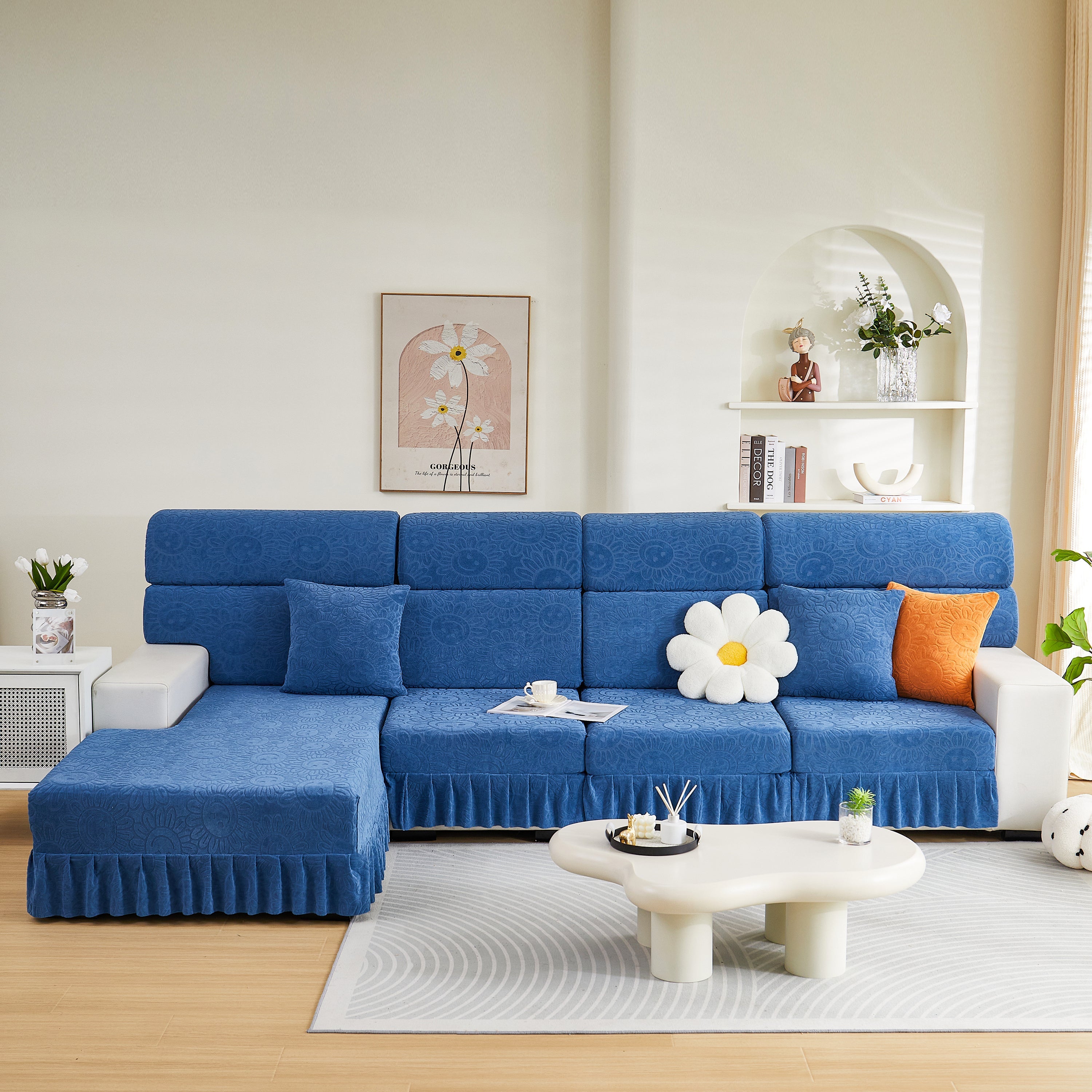 Sofa Seat Cover, Sunflower Patterned Elastic Skirted Couch Cushion Covers for 1/2/3/4-Seater Sofas