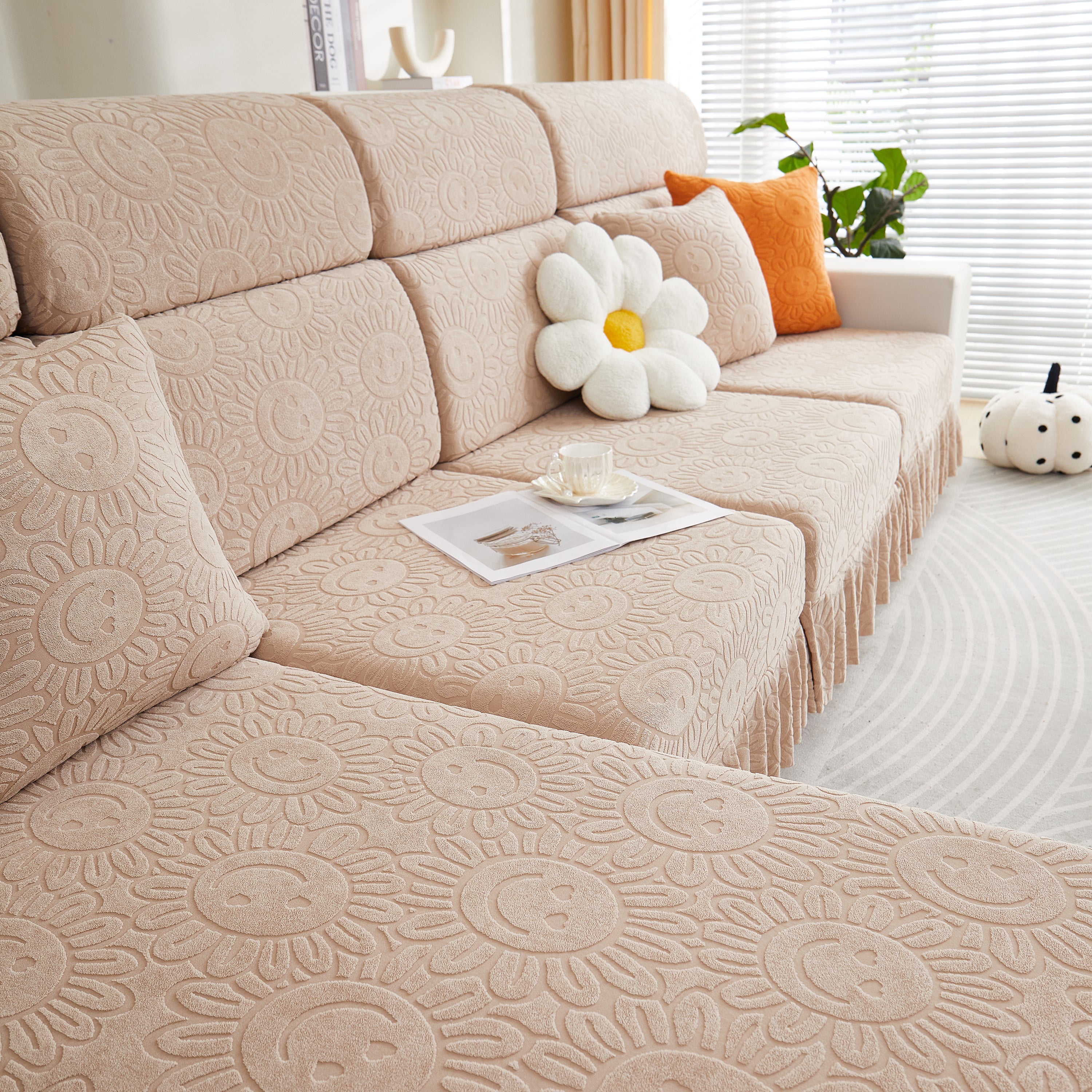 Sofa Seat Cover, Sunflower Patterned Elastic Skirted Couch Cushion Covers for 1/2/3/4-Seater Sofas
