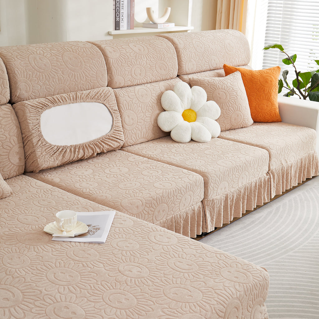 Sofa Seat Cover, Sunflower Patterned Elastic Skirted Couch Cushion Covers for 1/2/3/4-Seater Sofas