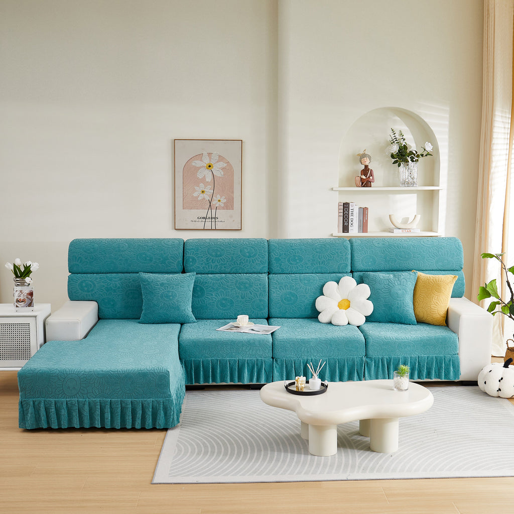 Sofa Seat Cover, Sunflower Patterned Elastic Skirted Couch Cushion Covers for 1/2/3/4-Seater Sofas