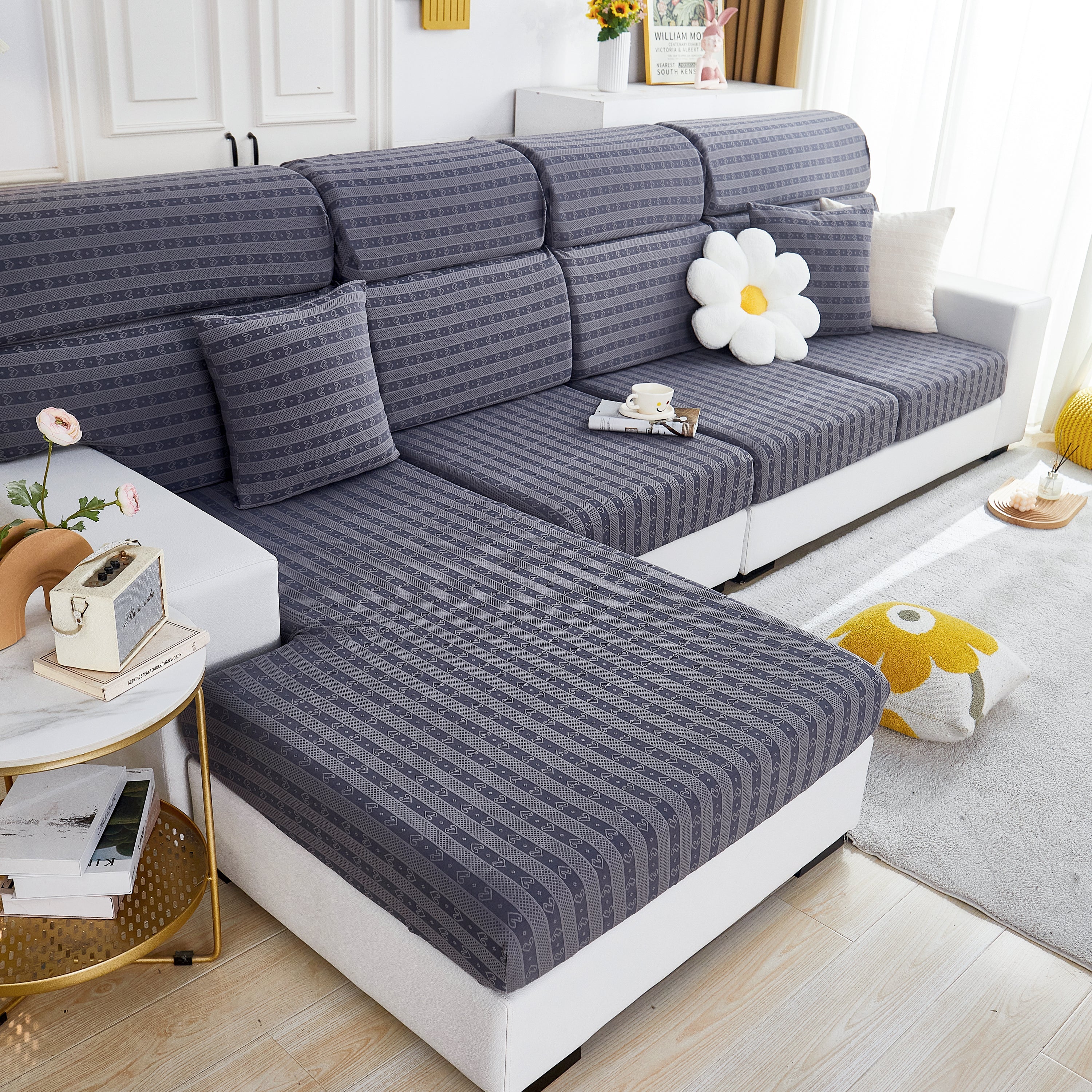 Love Stripe Jacquard Fleece Fabric Stretch Cushion Cover, Non-Slip Furniture Protector for Kids, Couch Cushion Covers