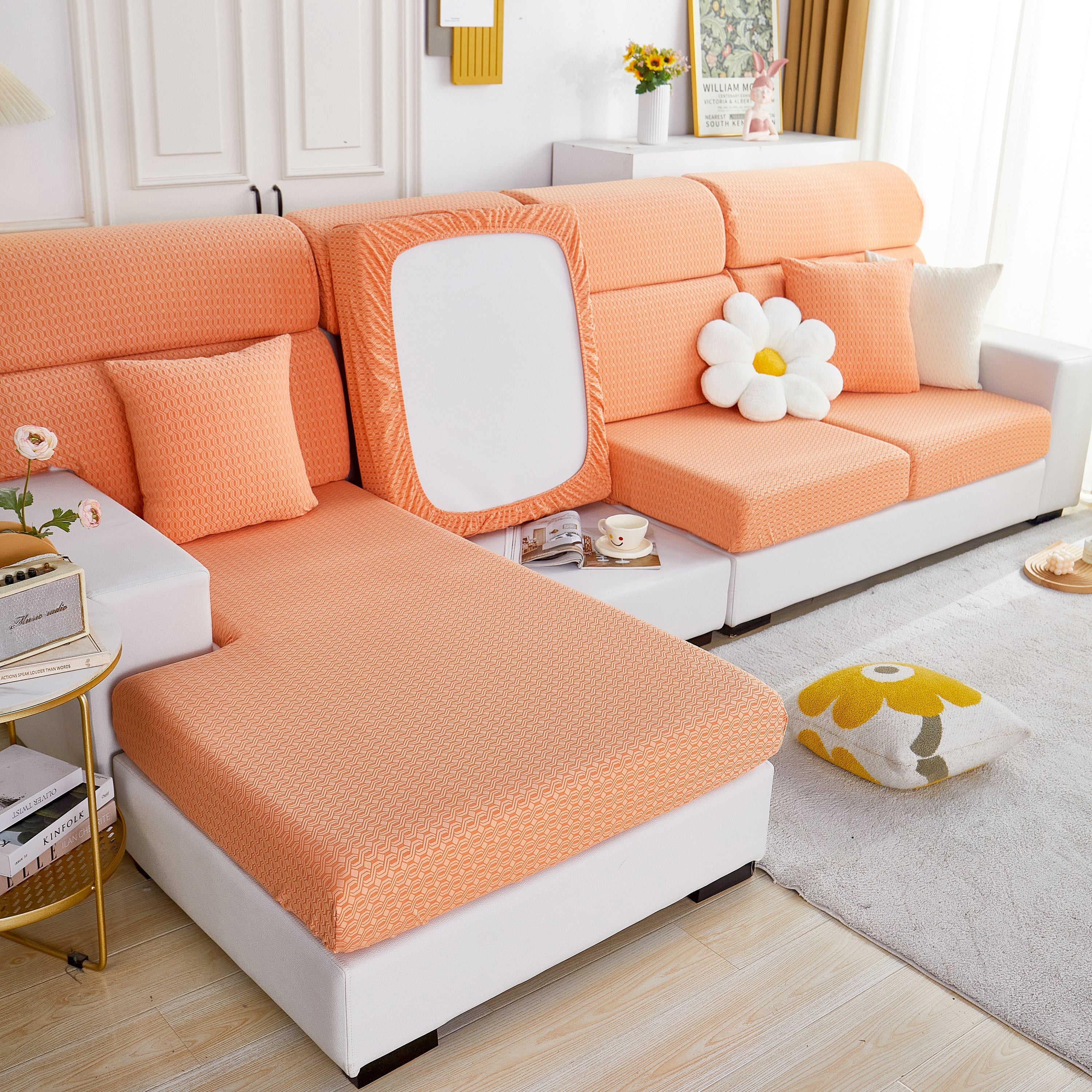Growth Rings Jacquard Fleece Fabric Stretch Cushion Cover, Non-Slip Furniture Protector for Kids, Couch Cushion Covers