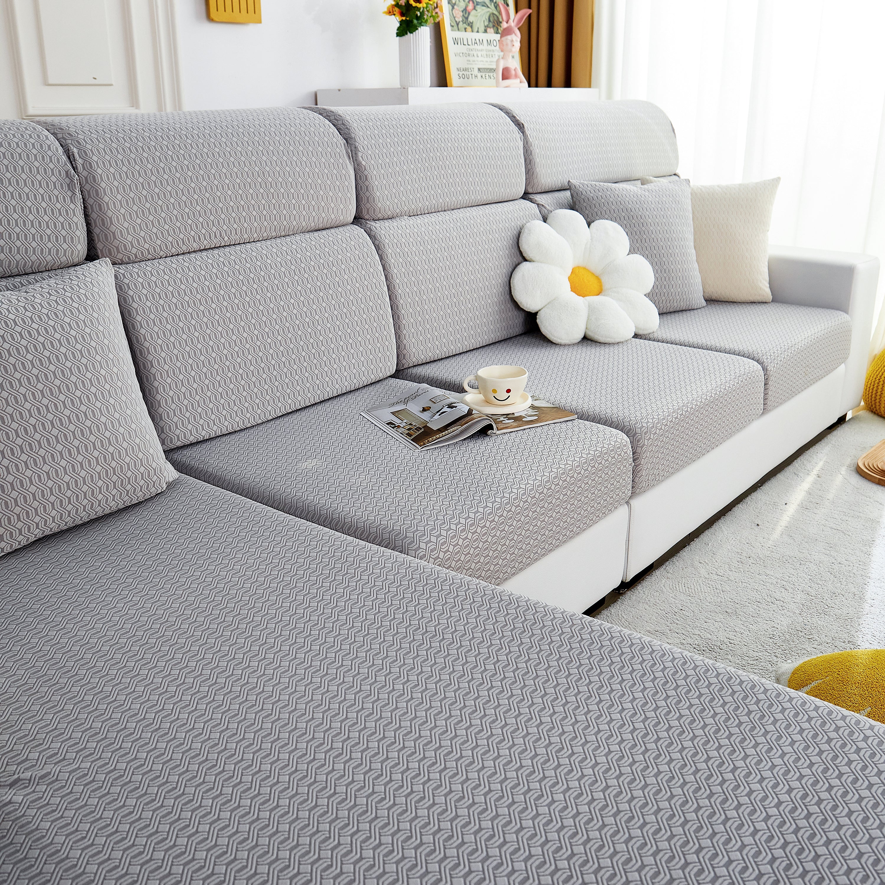 Growth Rings Jacquard Fleece Fabric Stretch Cushion Cover, Non-Slip Furniture Protector for Kids, Couch Cushion Covers