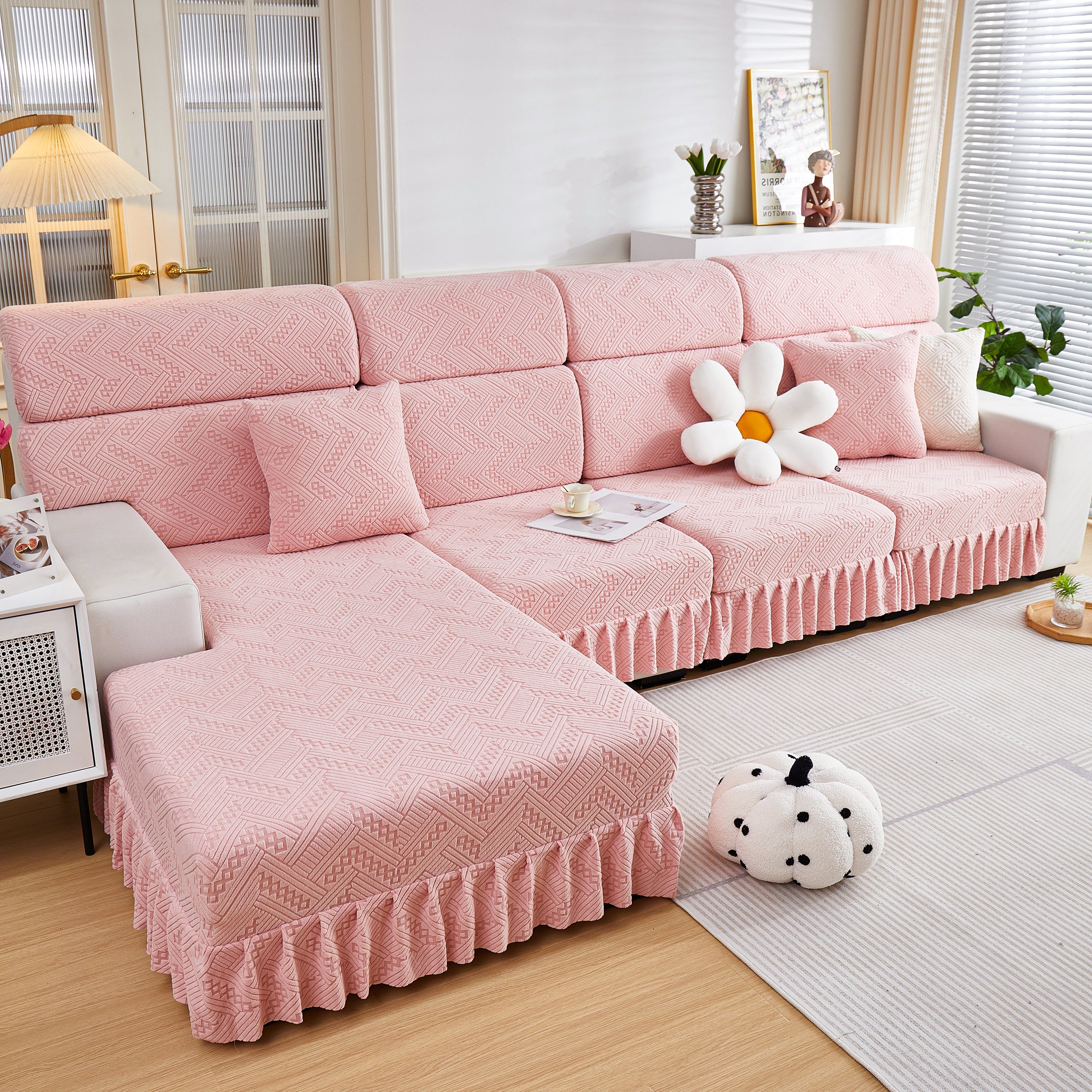 Stretchable Chaise Lounge Sofa Covers and Couch Seat Covers with Skirt for Sectional Couches