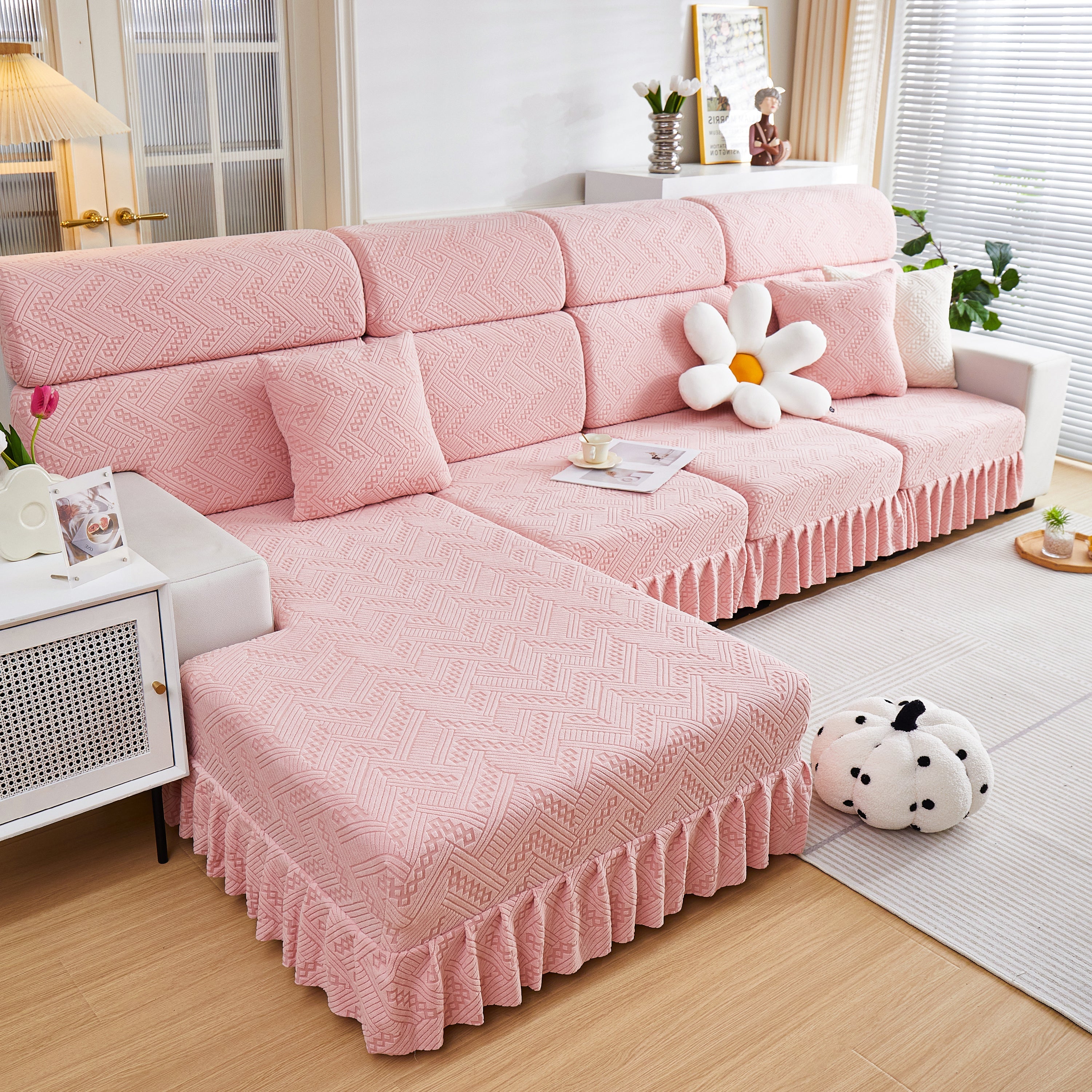 Stretchable Chaise Lounge Sofa Covers and Couch Seat Covers with Skirt for Sectional Couches