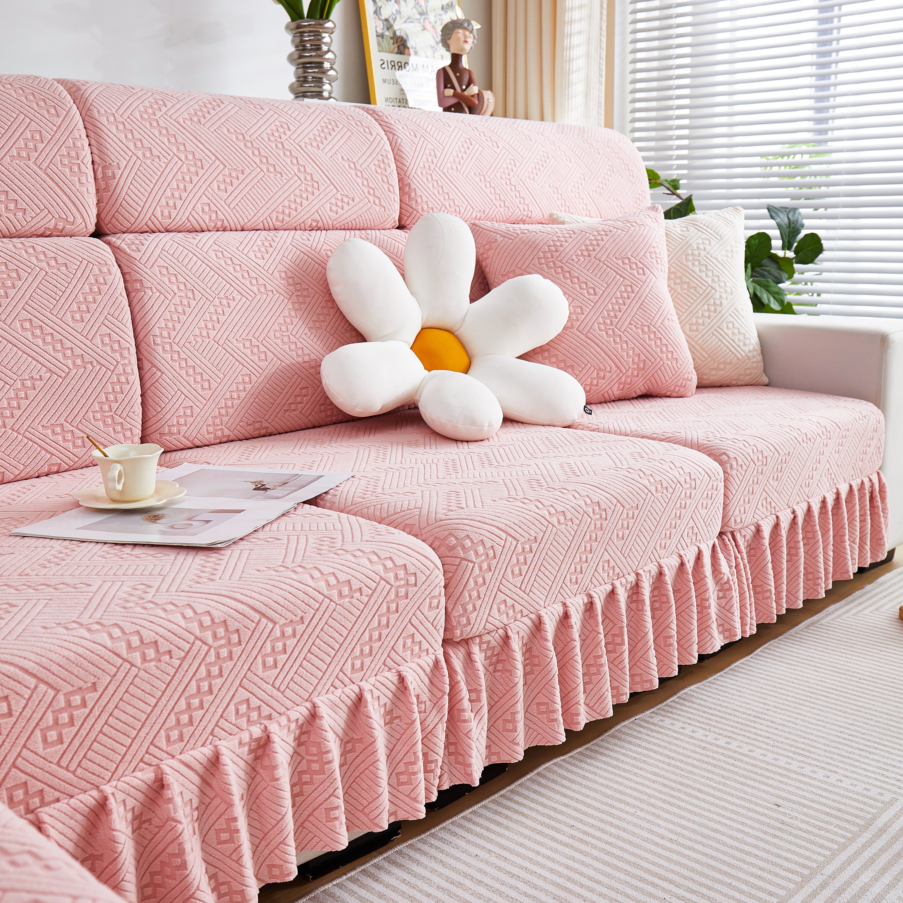 Stretchable Chaise Lounge Sofa Covers and Couch Seat Covers with Skirt for Sectional Couches