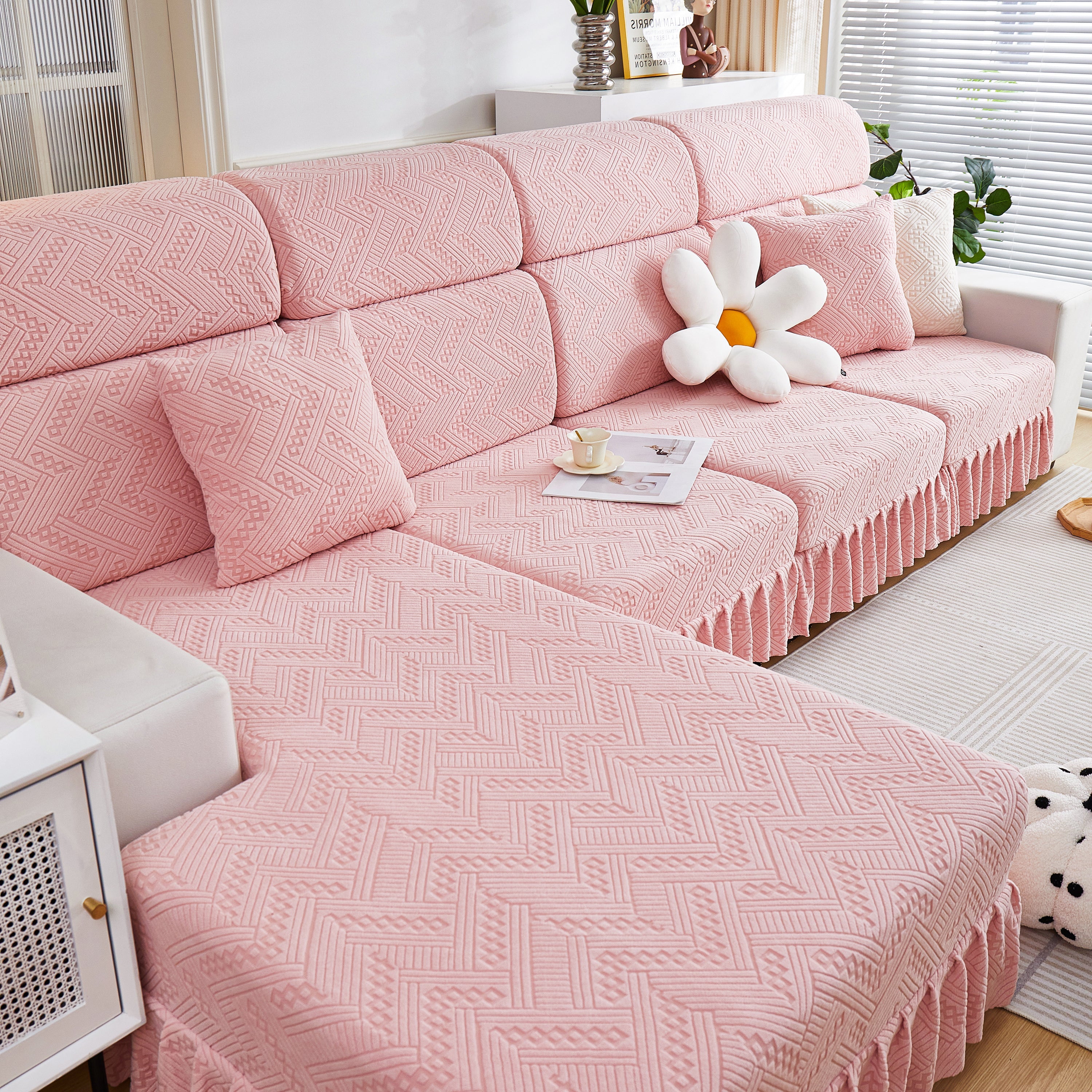 Stretchable Chaise Lounge Sofa Covers and Couch Seat Covers with Skirt for Sectional Couches