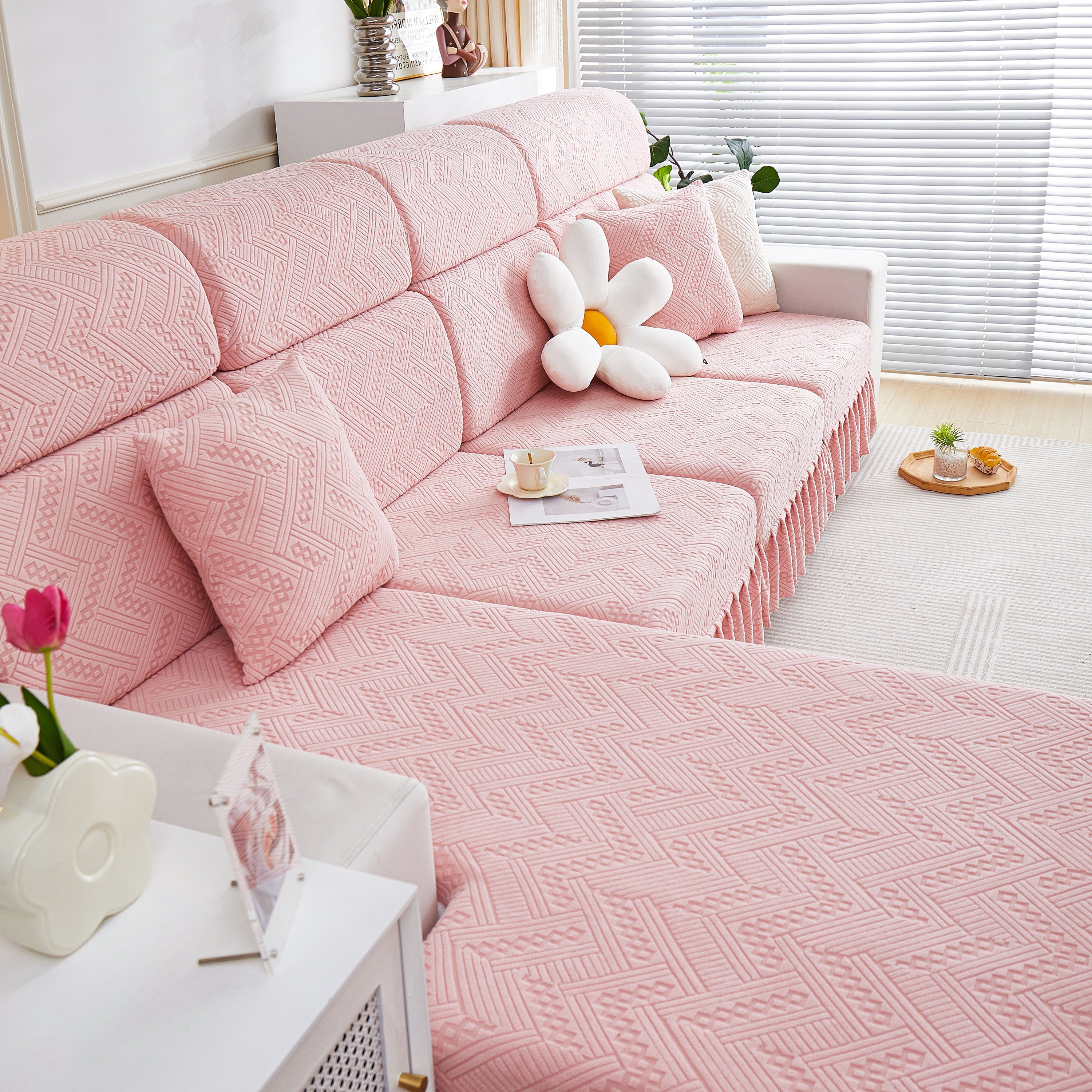 Stretchable Chaise Lounge Sofa Covers and Couch Seat Covers with Skirt for Sectional Couches