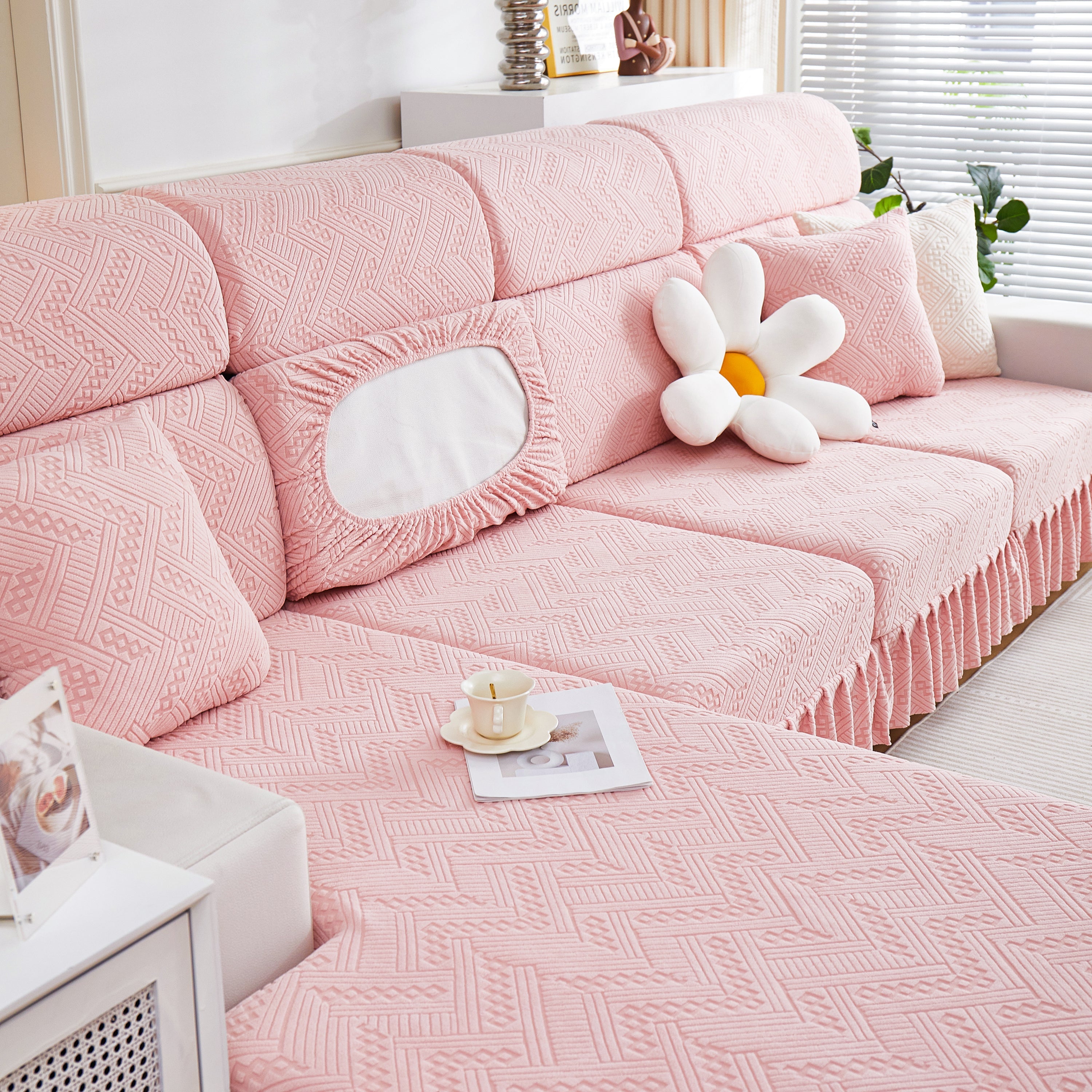 Stretchable Chaise Lounge Sofa Covers and Couch Seat Covers with Skirt for Sectional Couches