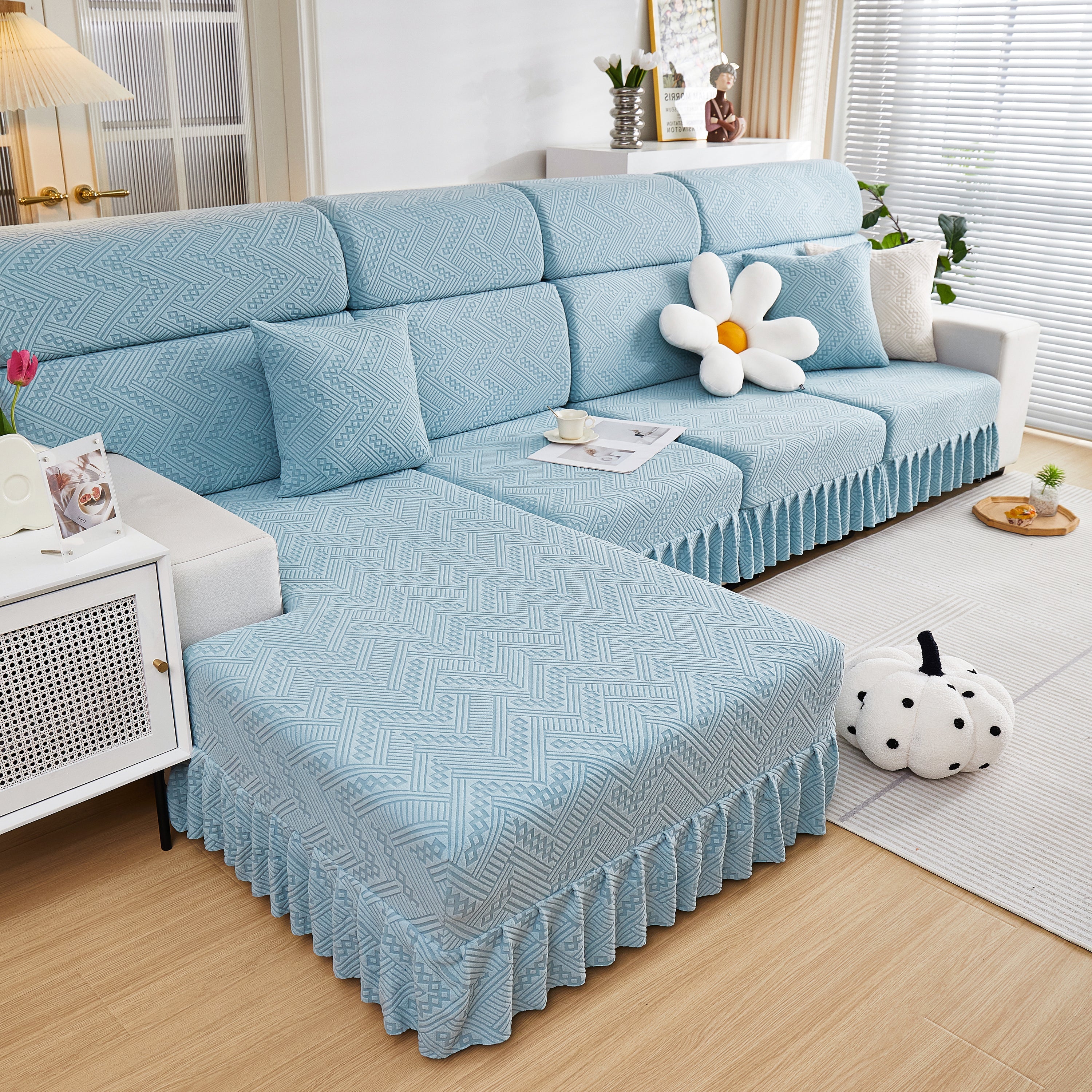 Stretchable Chaise Lounge Sofa Covers and Couch Seat Covers with Skirt for Sectional Couches