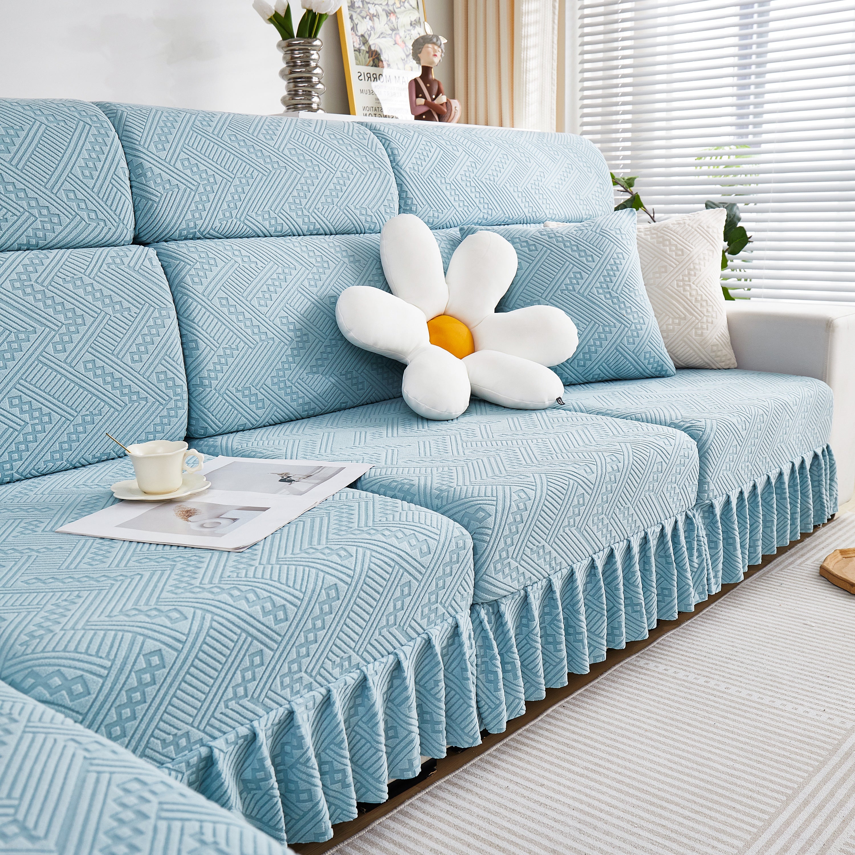 Stretchable Chaise Lounge Sofa Covers and Couch Seat Covers with Skirt for Sectional Couches