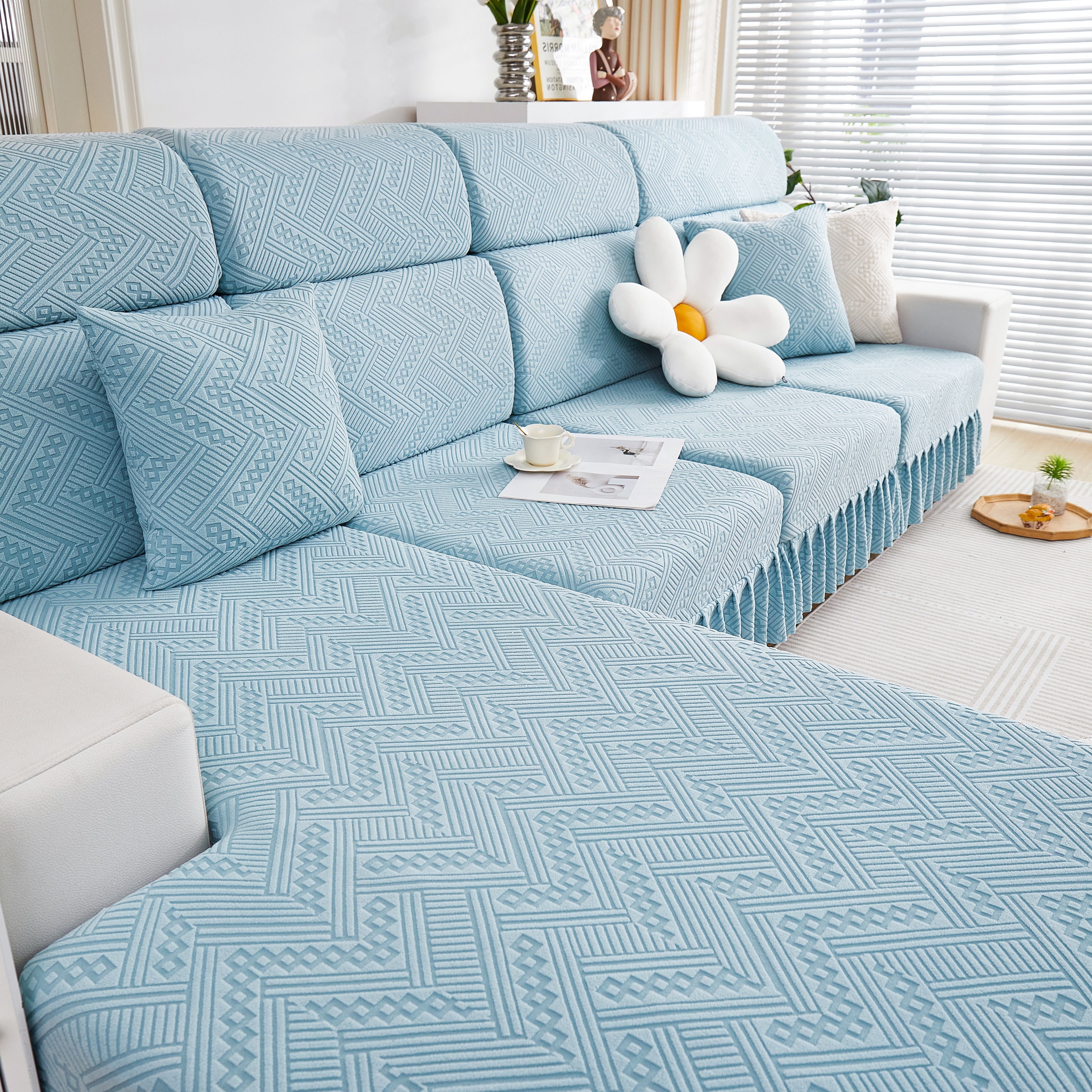 Stretchable Chaise Lounge Sofa Covers and Couch Seat Covers with Skirt for Sectional Couches