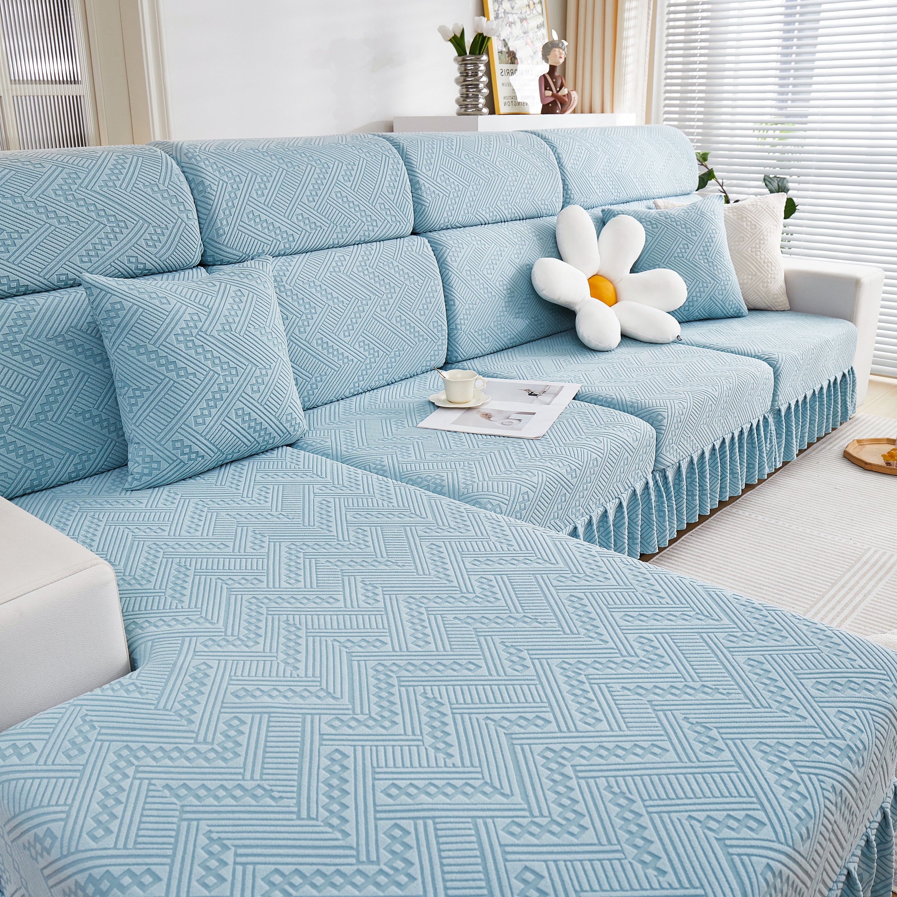 Stretchable Chaise Lounge Sofa Covers and Couch Seat Covers with Skirt for Sectional Couches