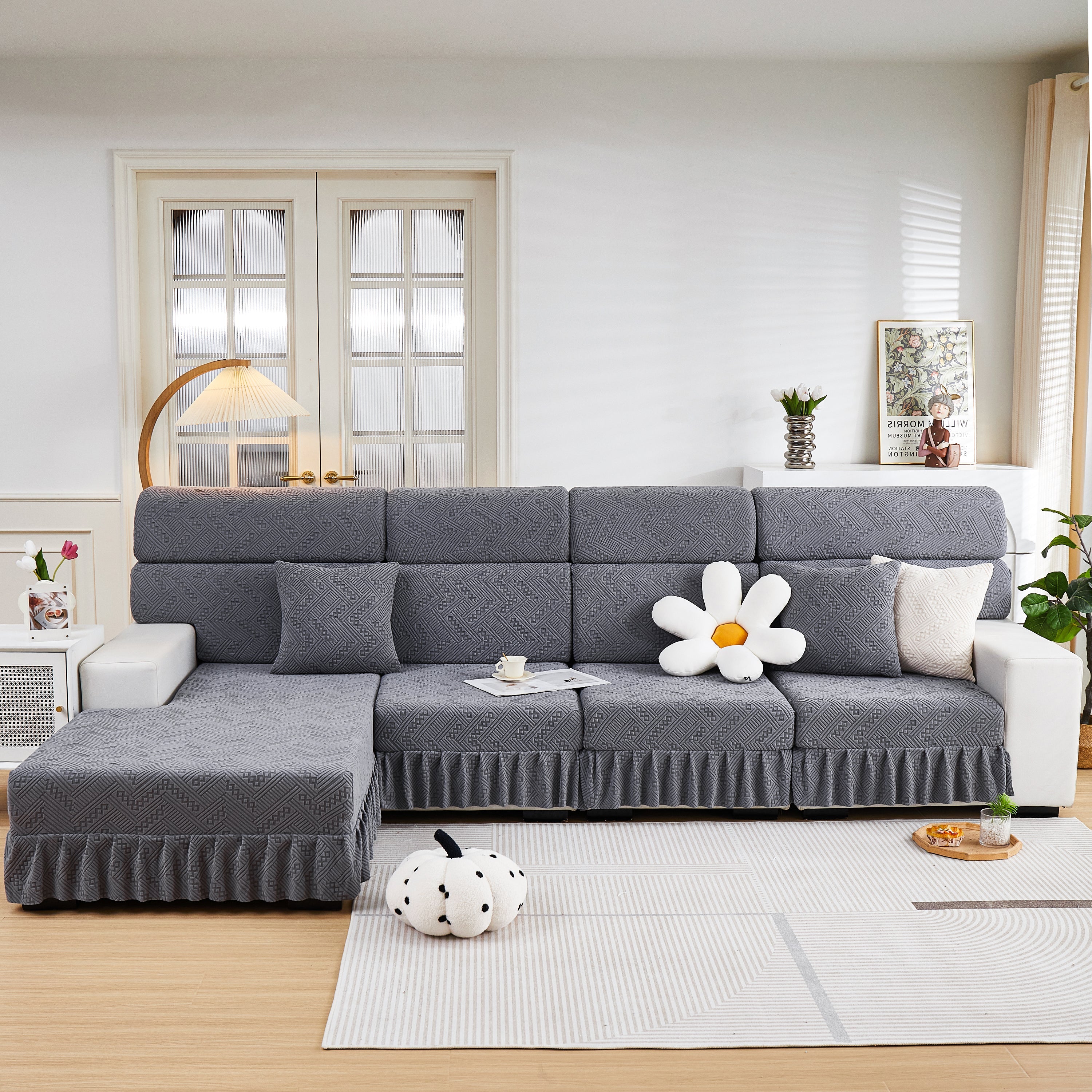 Stretchable Chaise Lounge Sofa Covers and Couch Seat Covers with Skirt for Sectional Couches