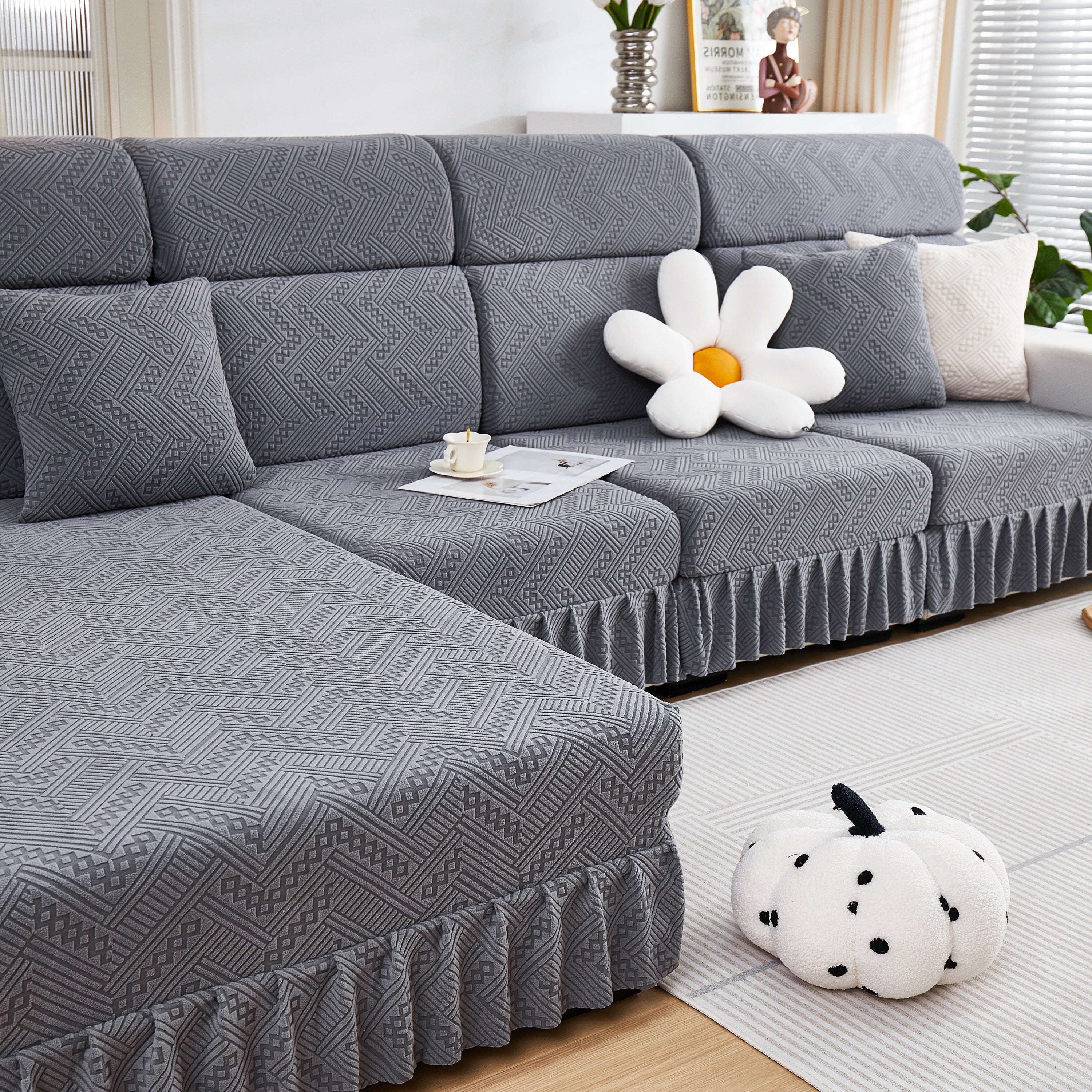 Stretchable Chaise Lounge Sofa Covers and Couch Seat Covers with Skirt for Sectional Couches