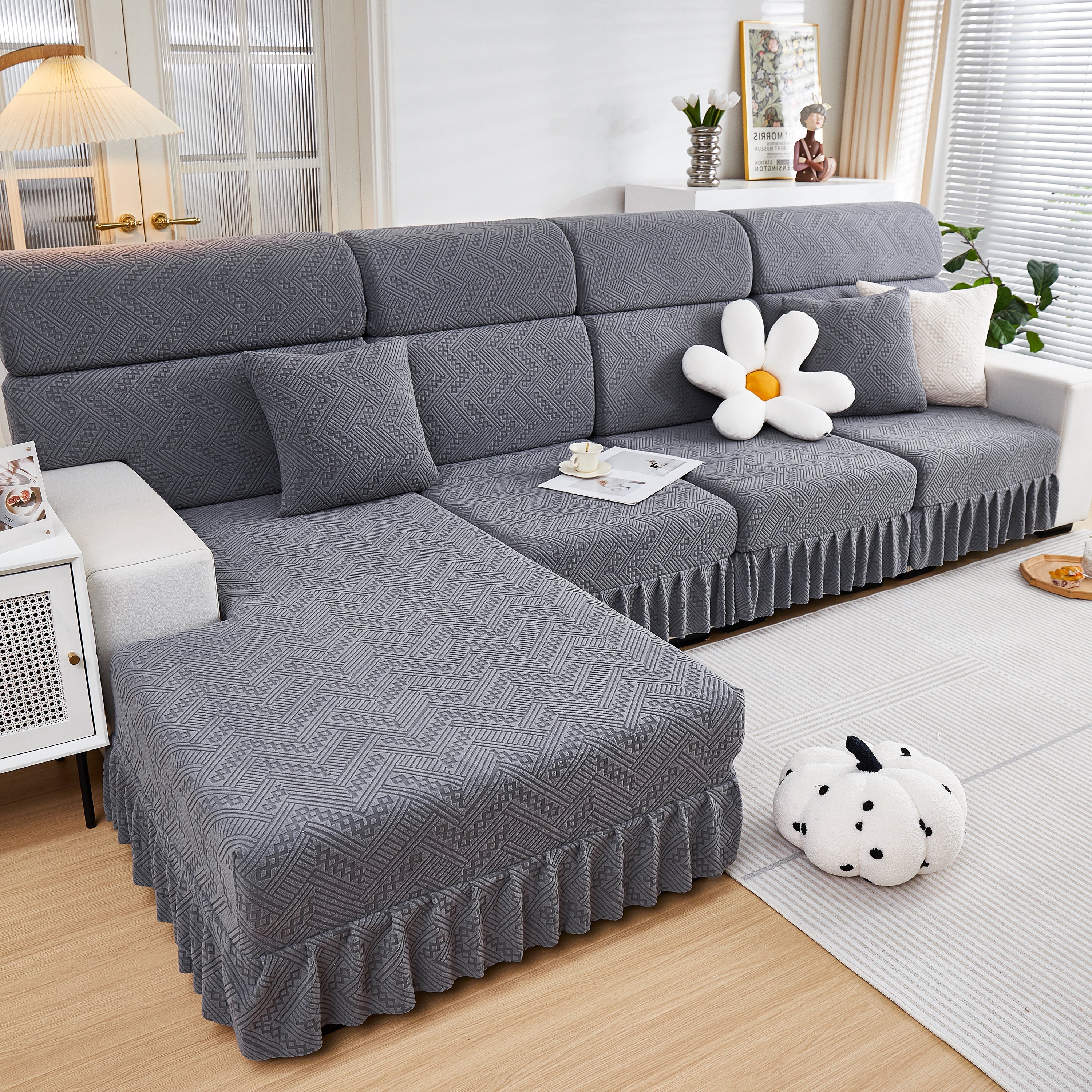 Stretchable Chaise Lounge Sofa Covers and Couch Seat Covers with Skirt for Sectional Couches