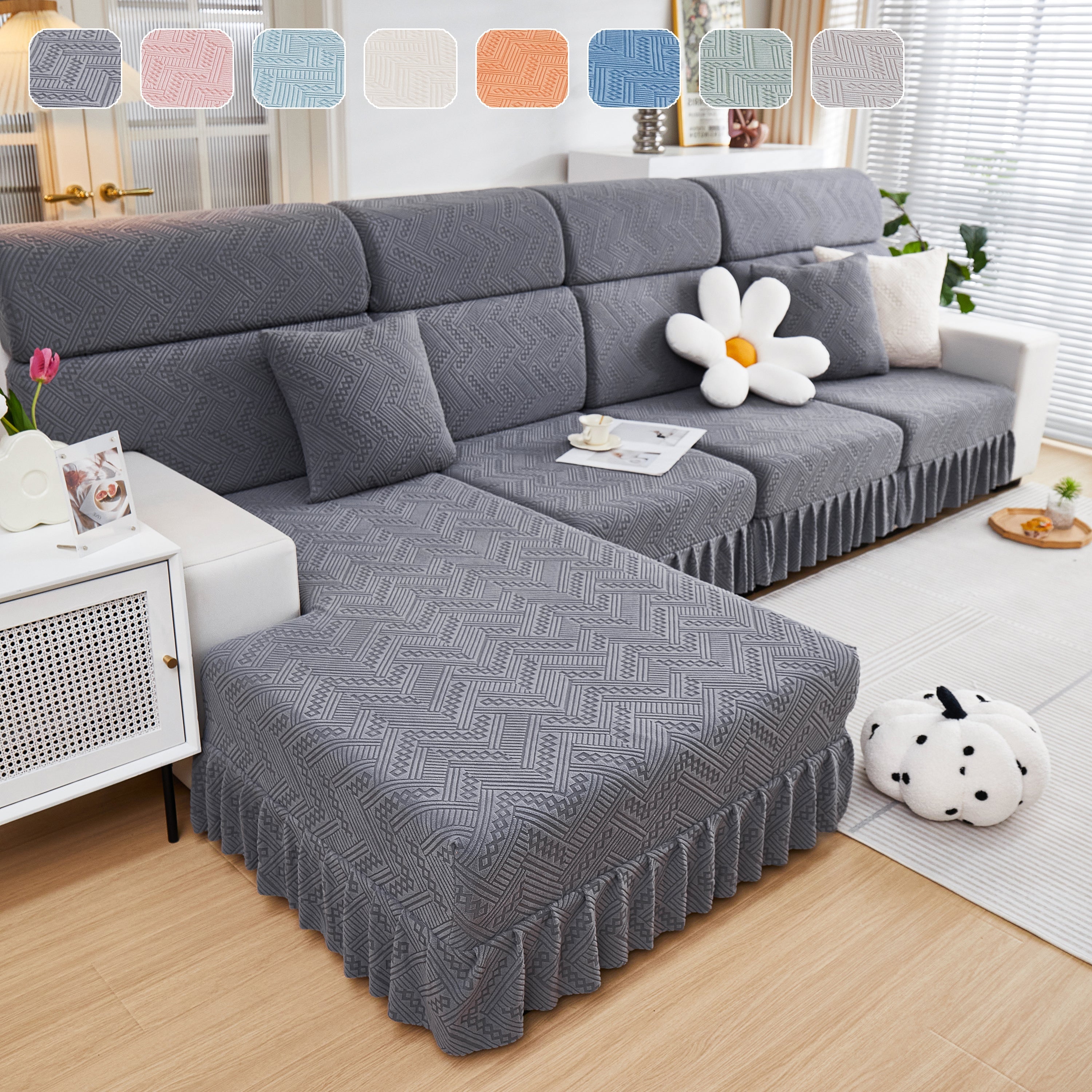 Stretchable Chaise Lounge Sofa Covers and Couch Seat Covers with Skirt for Sectional Couches