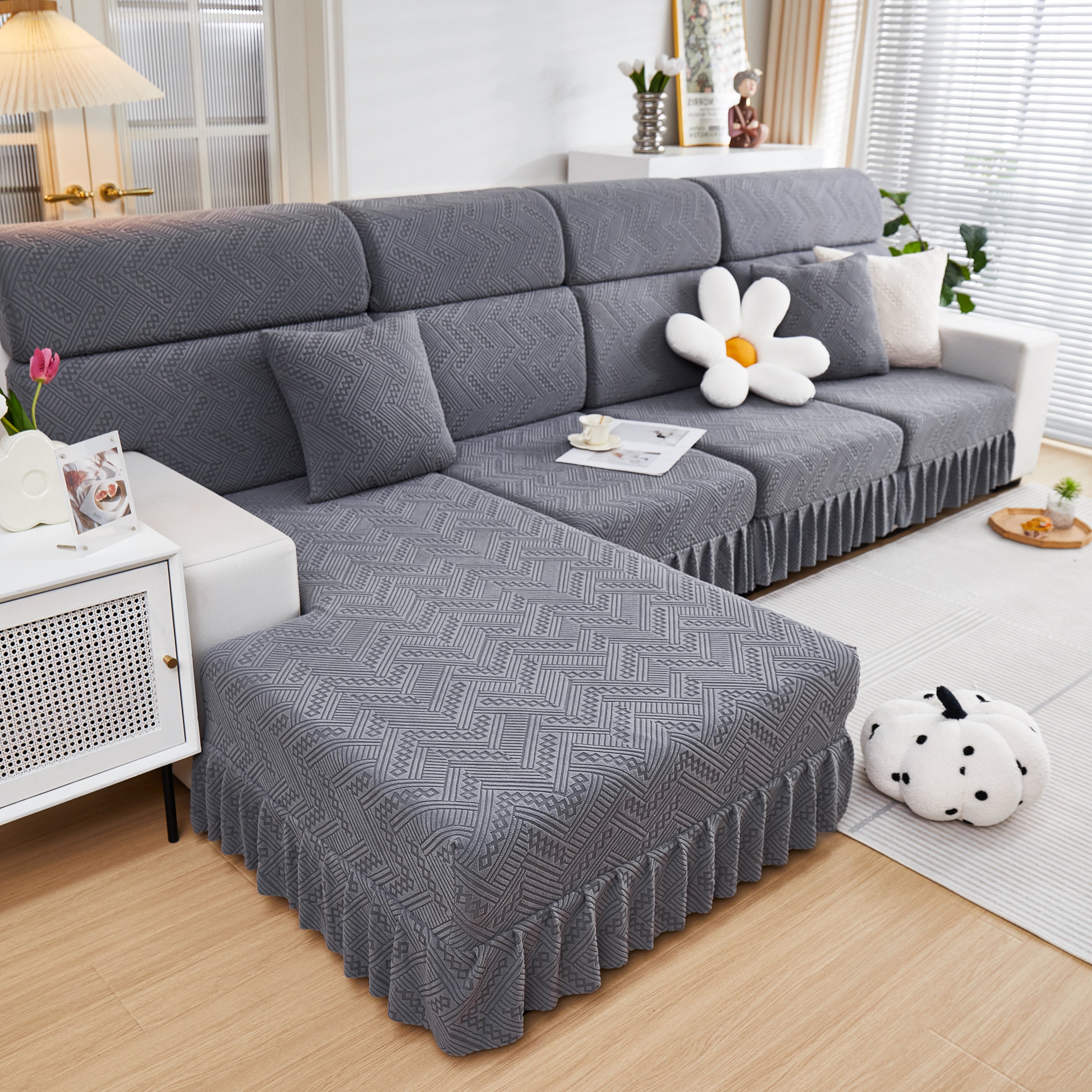Stretchable Chaise Lounge Sofa Covers and Couch Seat Covers with Skirt for Sectional Couches