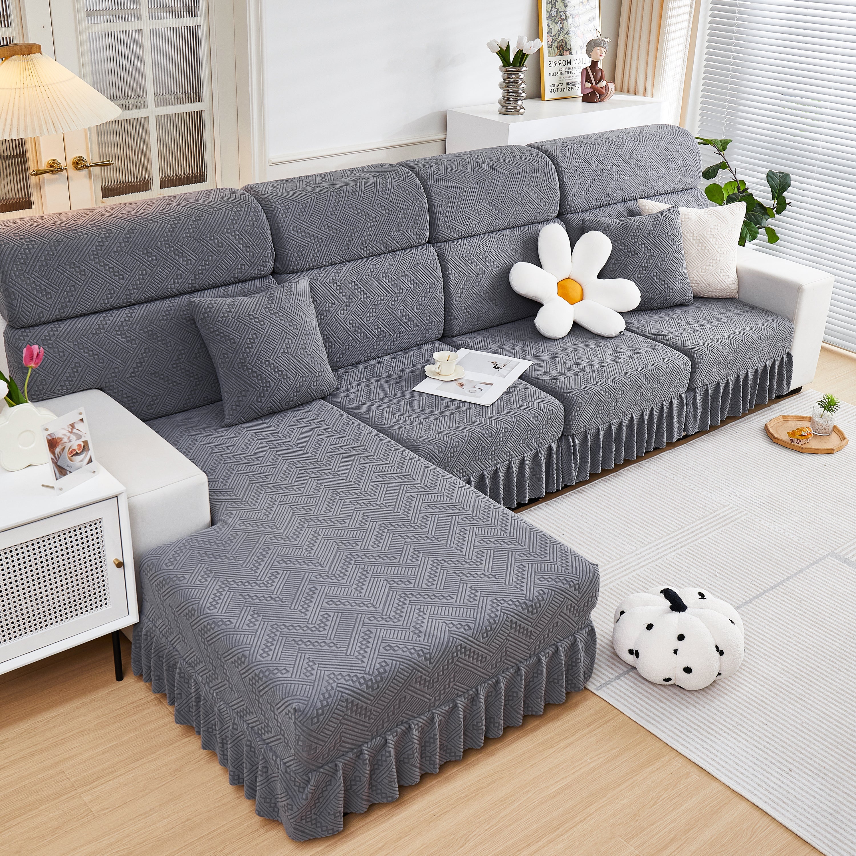 Stretchable Chaise Lounge Sofa Covers and Couch Seat Covers with Skirt for Sectional Couches