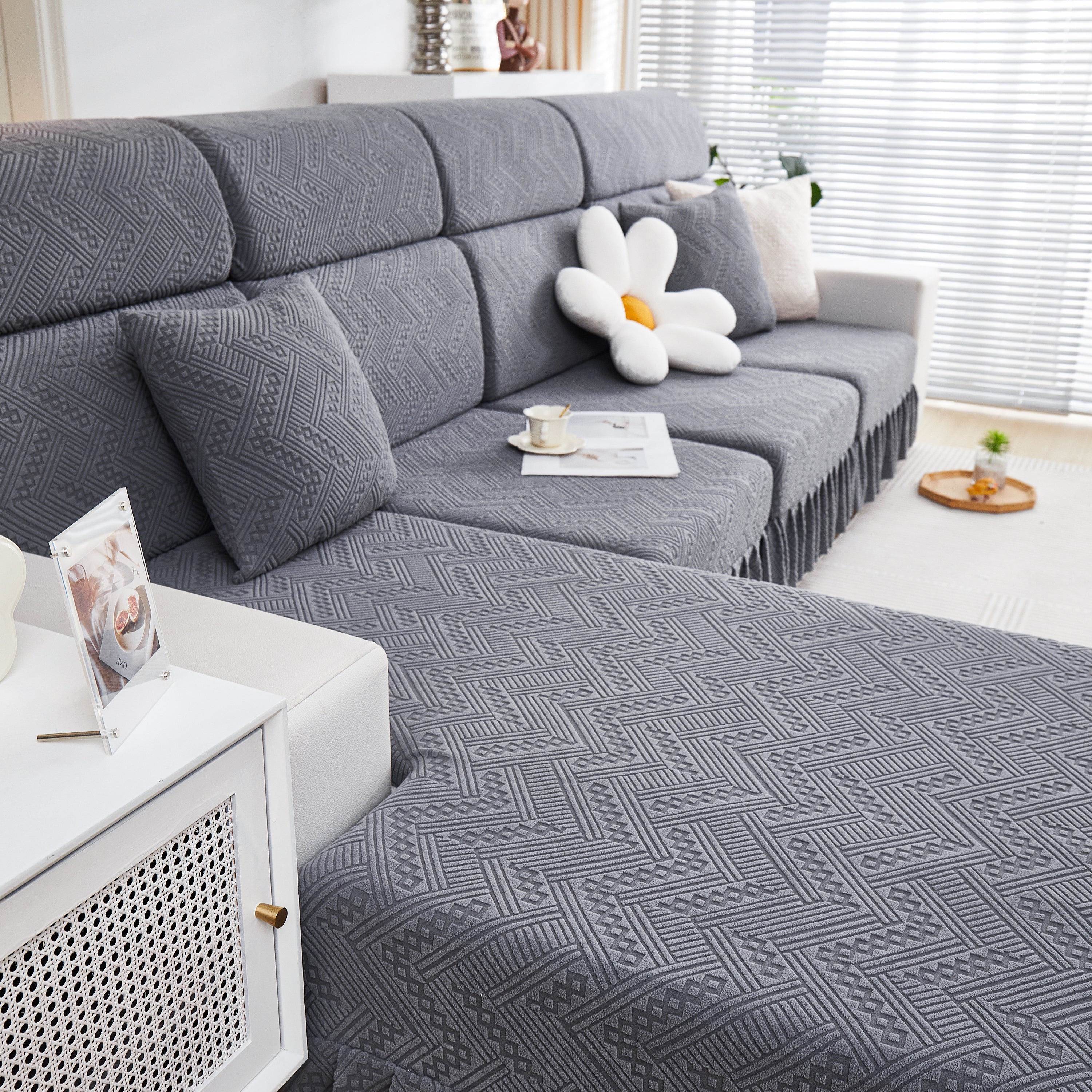 Stretchable Chaise Lounge Sofa Covers and Couch Seat Covers with Skirt for Sectional Couches