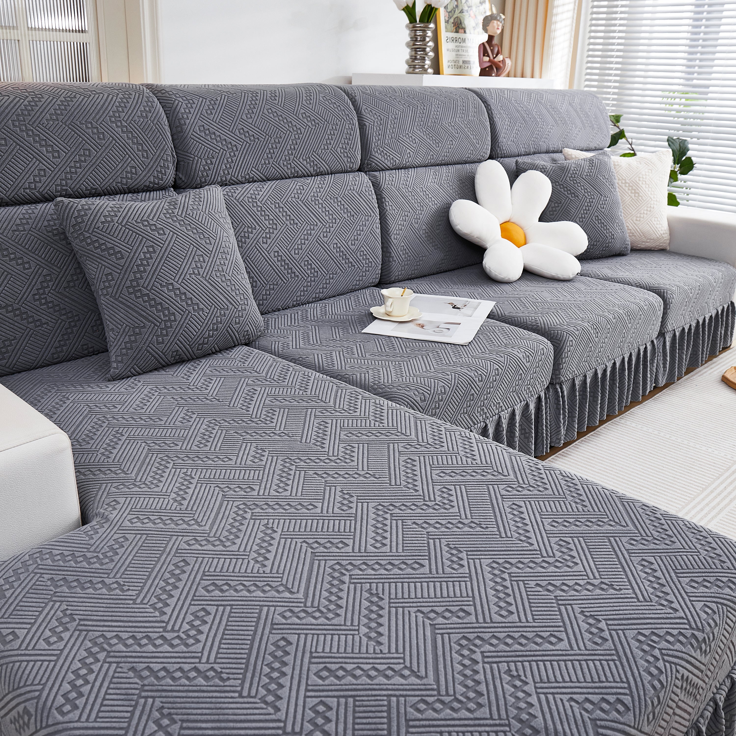 Stretchable Chaise Lounge Sofa Covers and Couch Seat Covers with Skirt for Sectional Couches