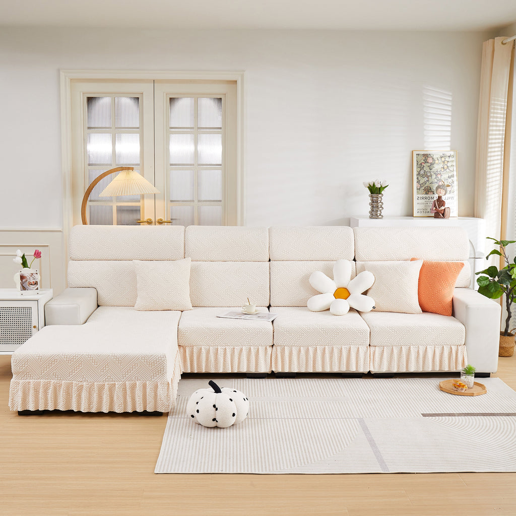 Stretchable Chaise Lounge Sofa Covers and Couch Seat Covers with Skirt for Sectional Couches