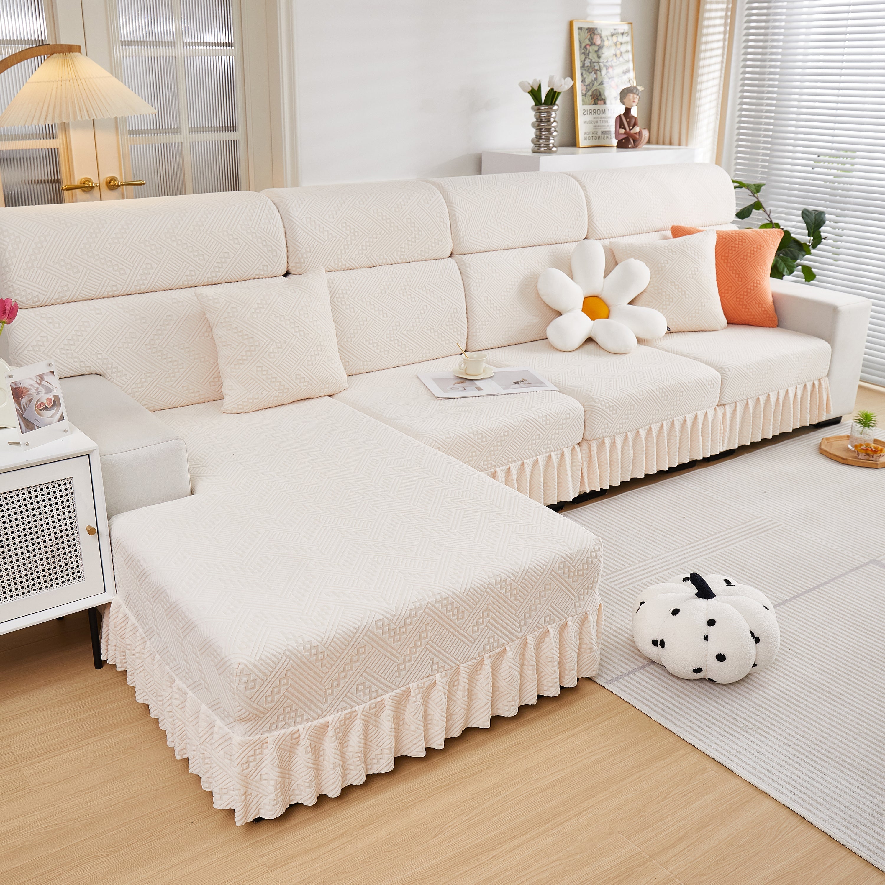 Stretchable Chaise Lounge Sofa Covers and Couch Seat Covers with Skirt for Sectional Couches