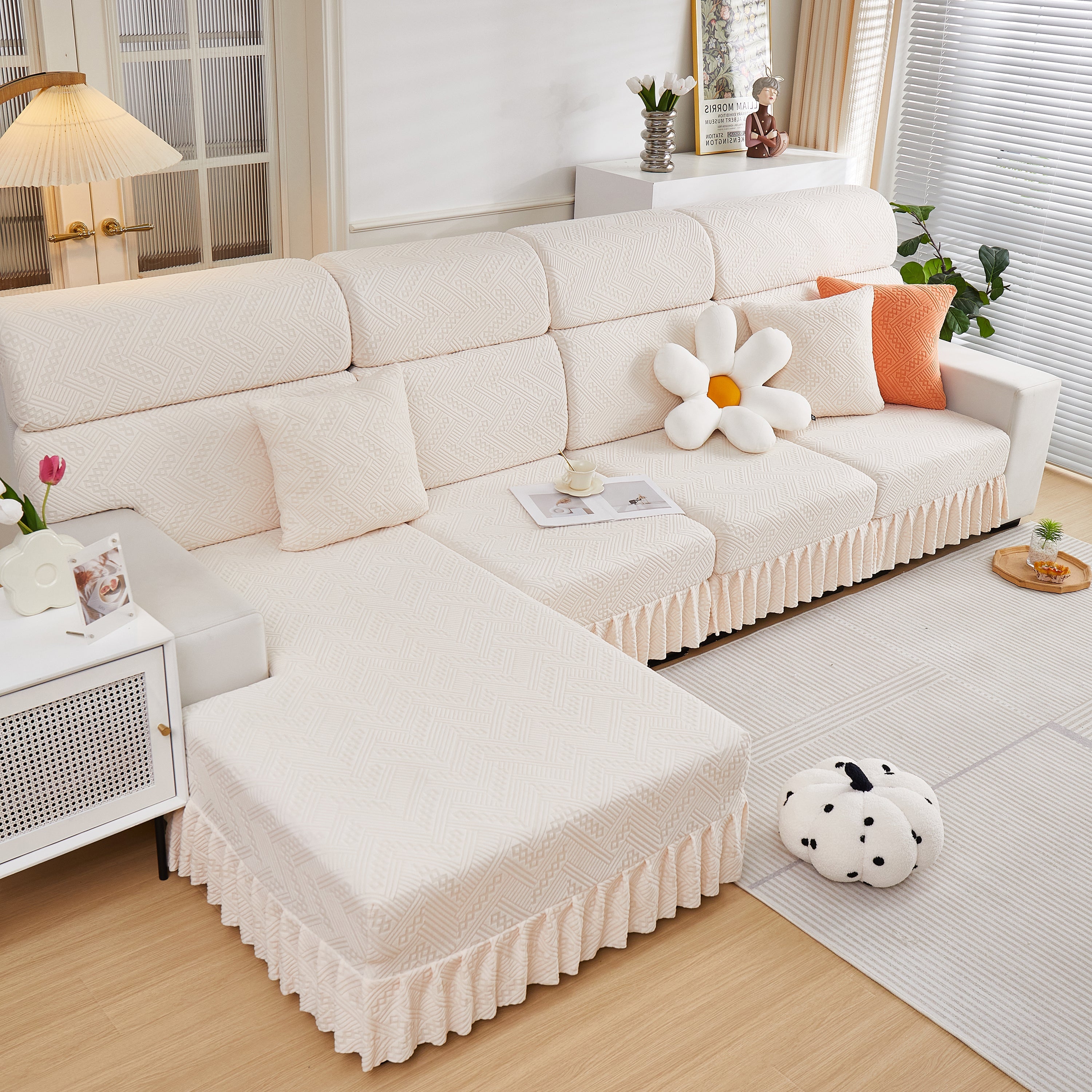 Stretchable Chaise Lounge Sofa Covers and Couch Seat Covers with Skirt for Sectional Couches