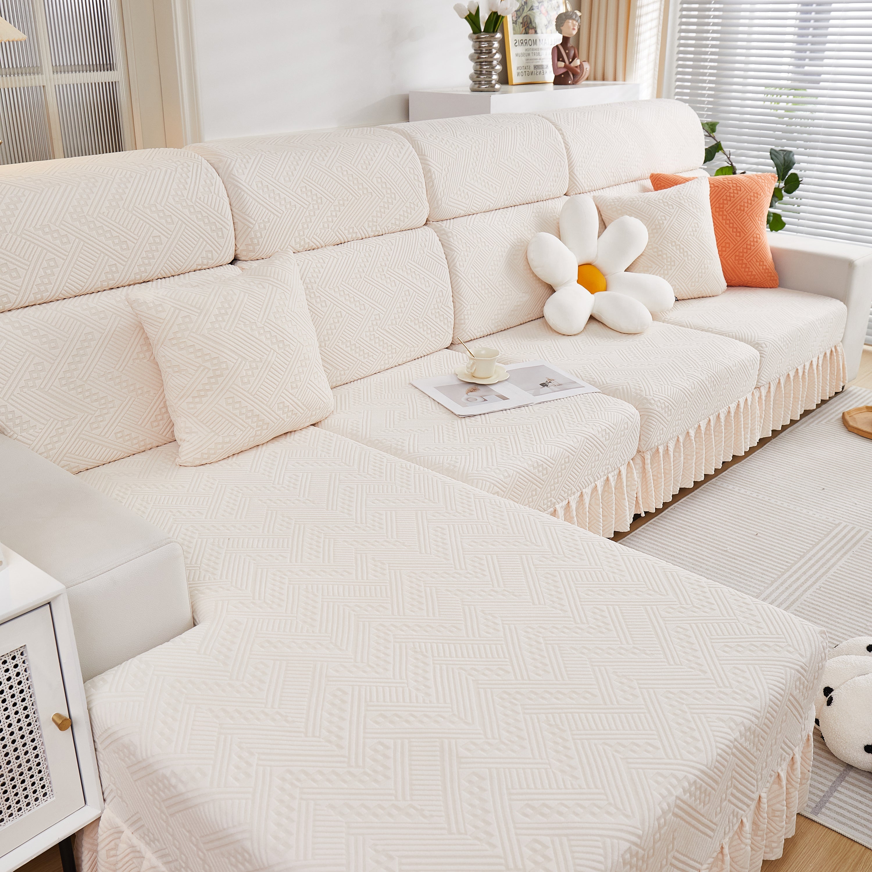 Stretchable Chaise Lounge Sofa Covers and Couch Seat Covers with Skirt for Sectional Couches