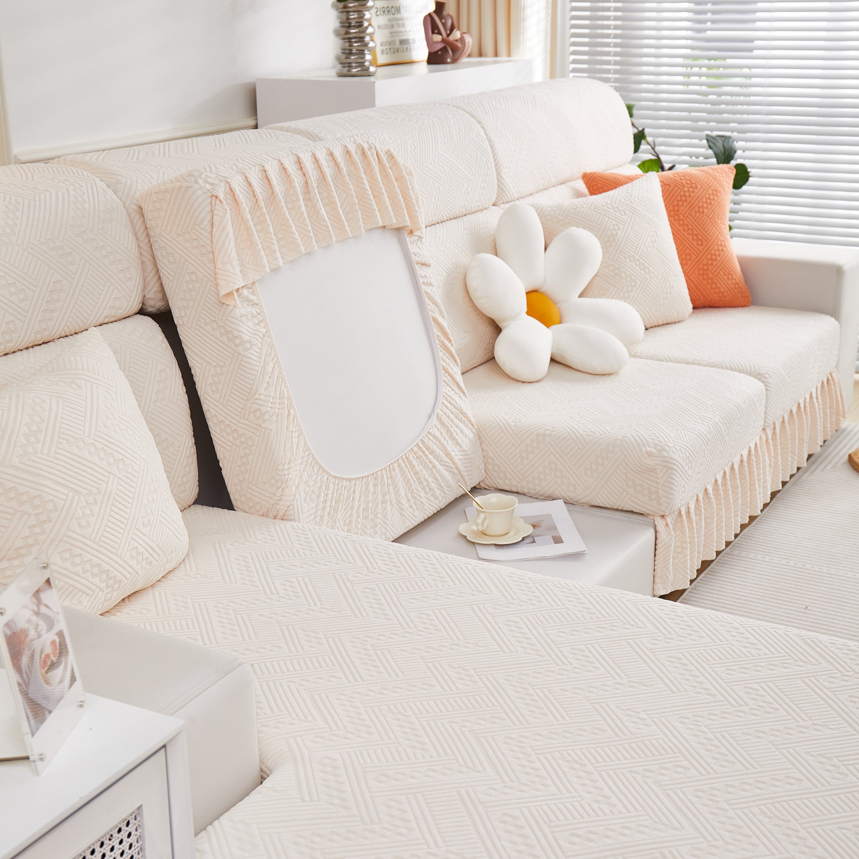 Stretchable Chaise Lounge Sofa Covers and Couch Seat Covers with Skirt for Sectional Couches