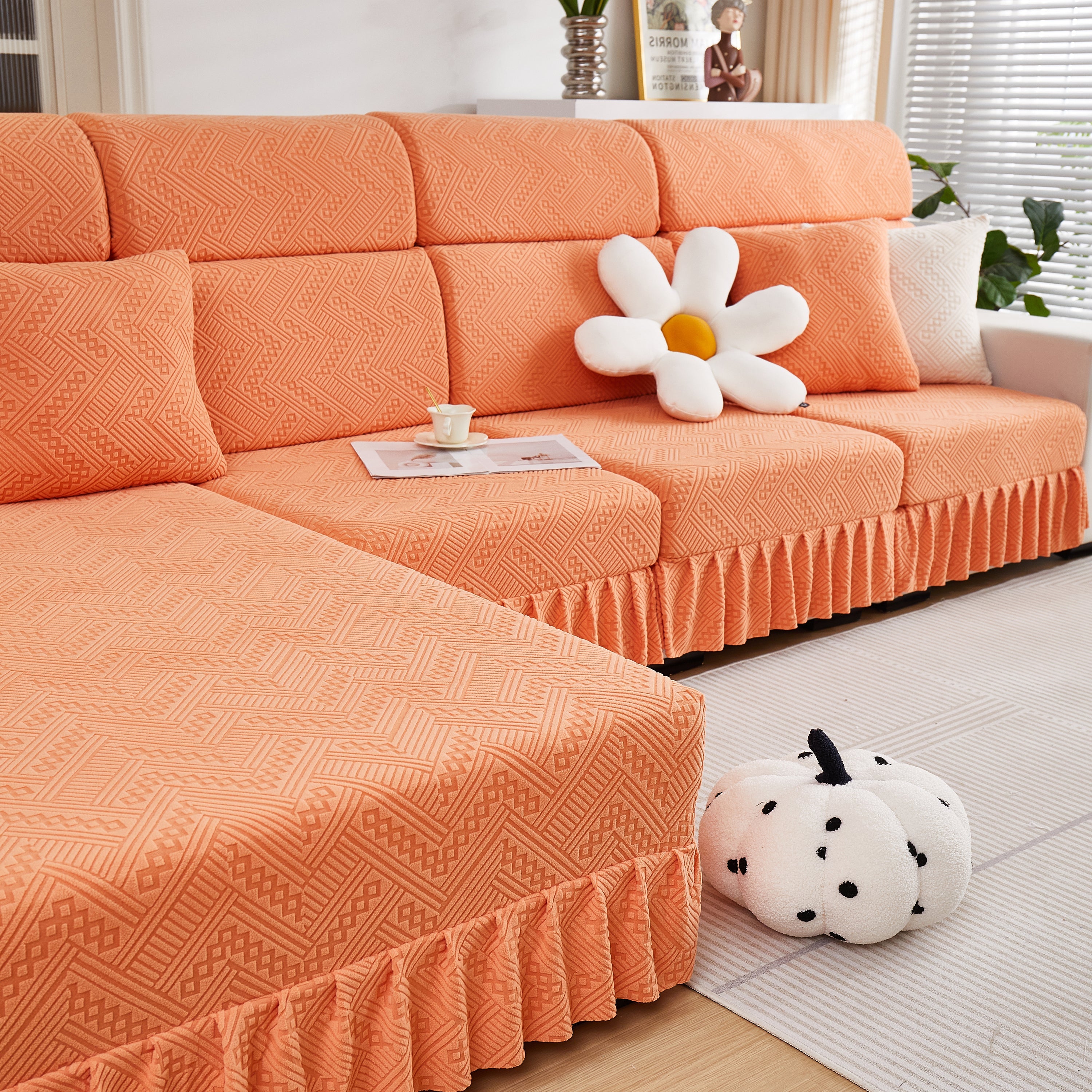 Stretchable Chaise Lounge Sofa Covers and Couch Seat Covers with Skirt for Sectional Couches