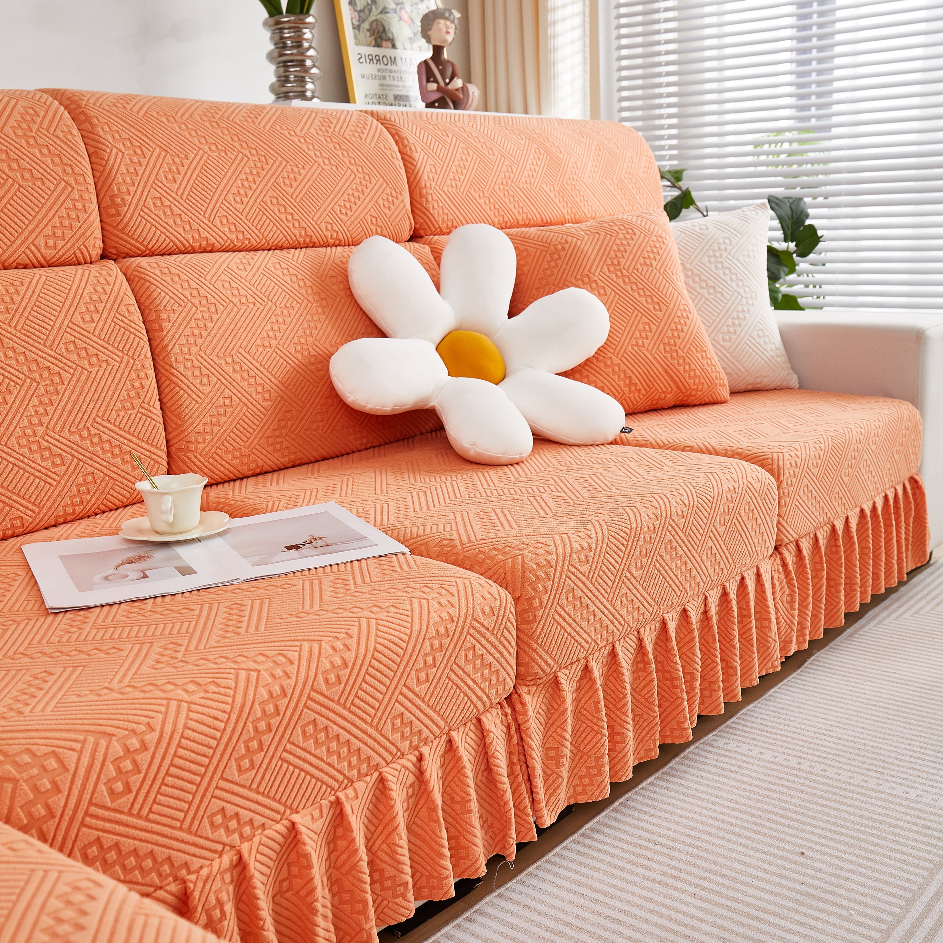 Stretchable Chaise Lounge Sofa Covers and Couch Seat Covers with Skirt for Sectional Couches
